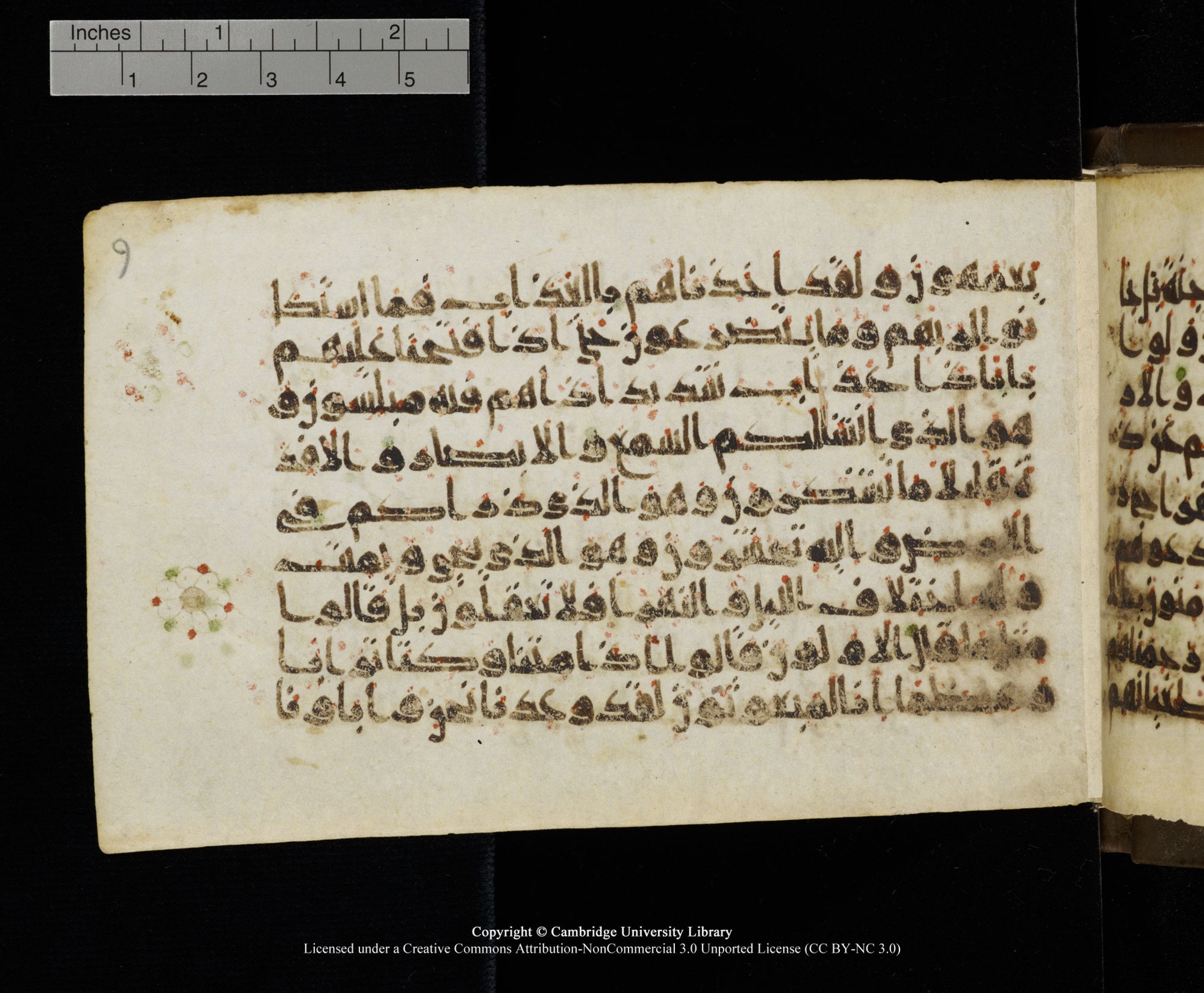 Cambridge MS Add.1137, in kūfī E script, showing Surah 23:76 from 9th or 10th Century AD found in Sinai Peninsula, Egypt, currently housed at Cambridge University Library, Cambridge