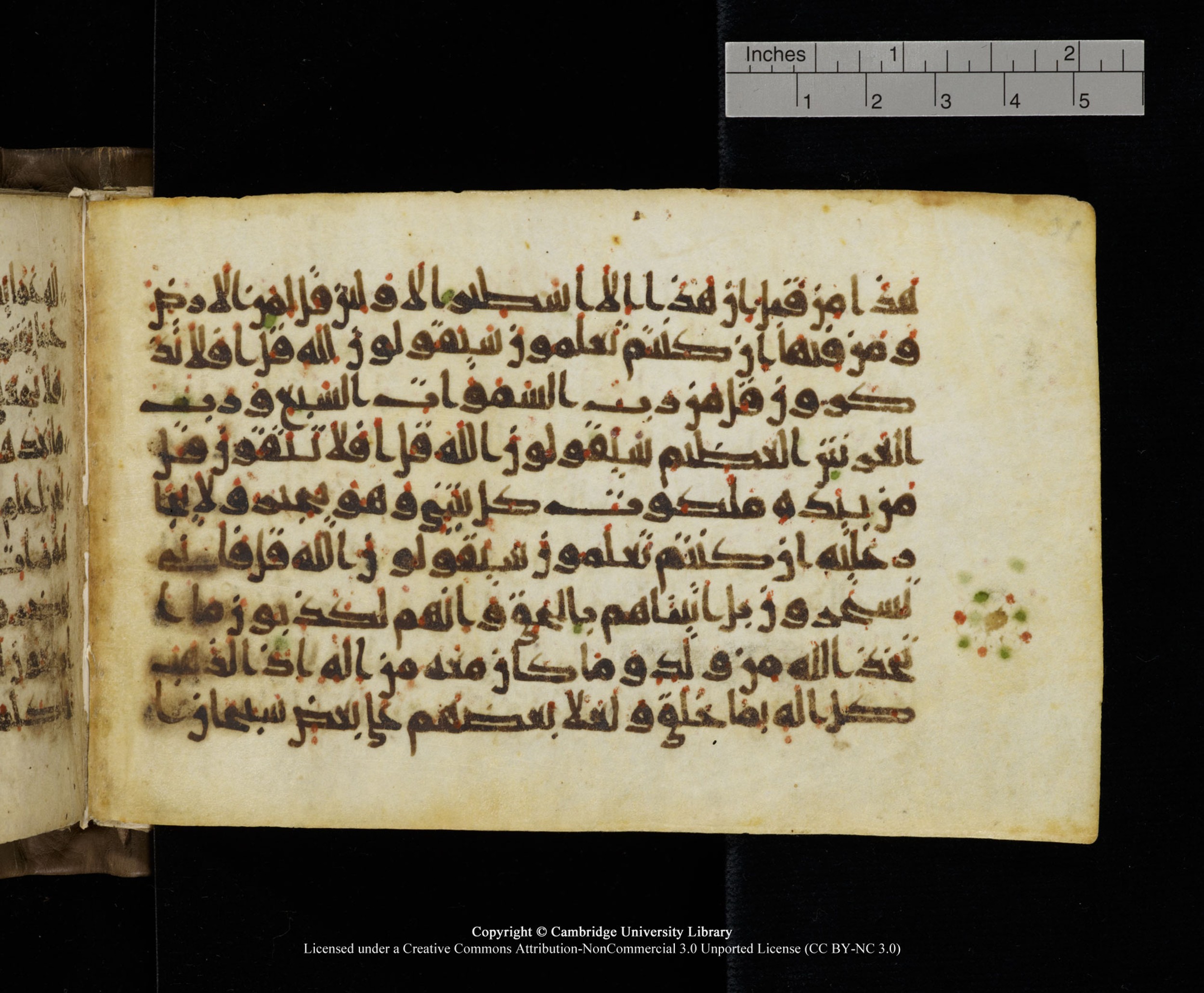 Cambridge MS Add.1137, in kūfī E script, showing Surah 23:89 from 9th or 10th Century AD found in Sinai Peninsula, Egypt, currently housed at Cambridge University Library, Cambridge