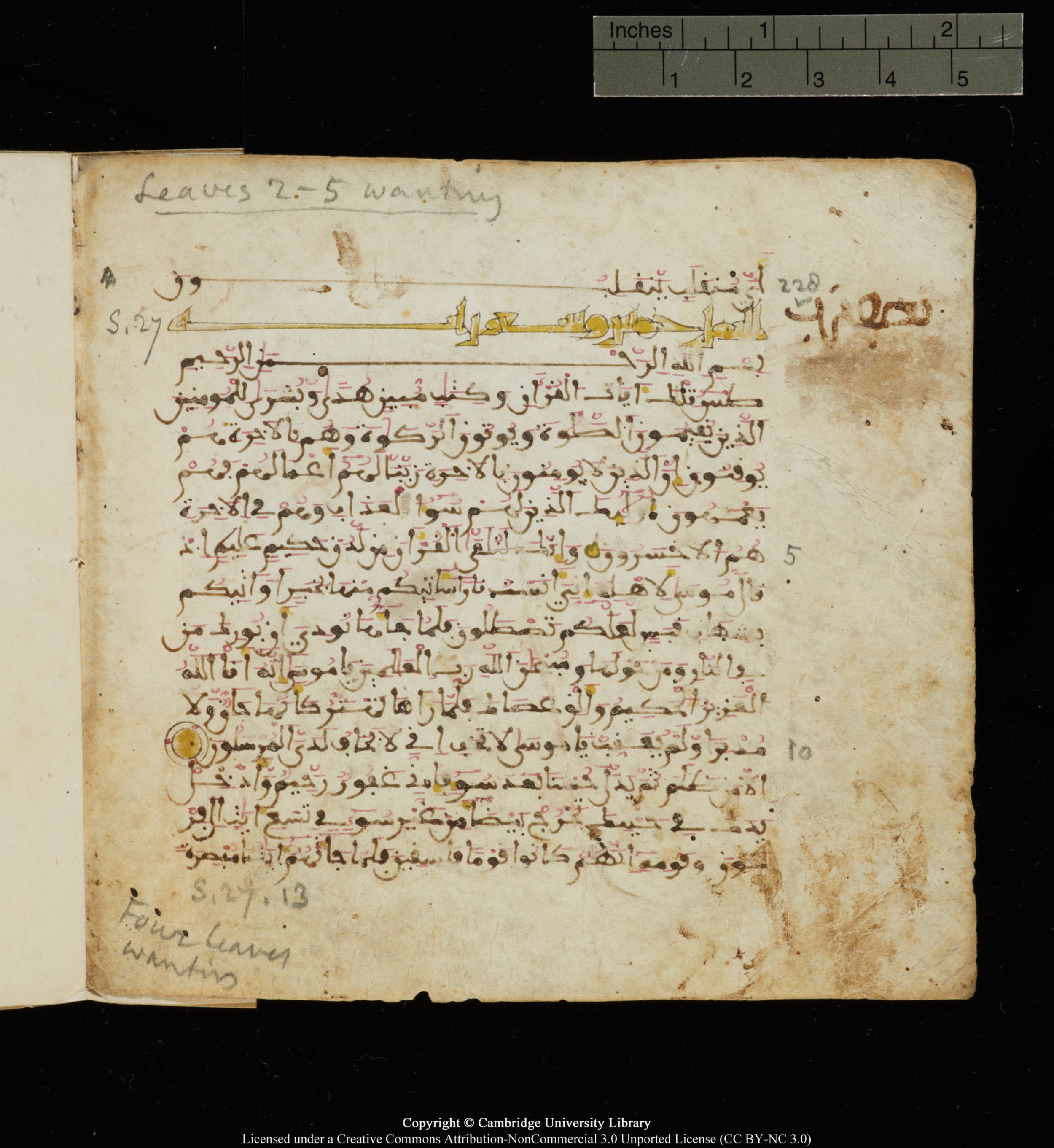 Cambridge, Cambridge University Library, MS Add.1142, in Maġribī script, showing Surah 27:13 from Late 11th to 12th Century AD found in Muslim Iberia (al-Andalus), currently housed at Cambridge University Library, Cambridge
