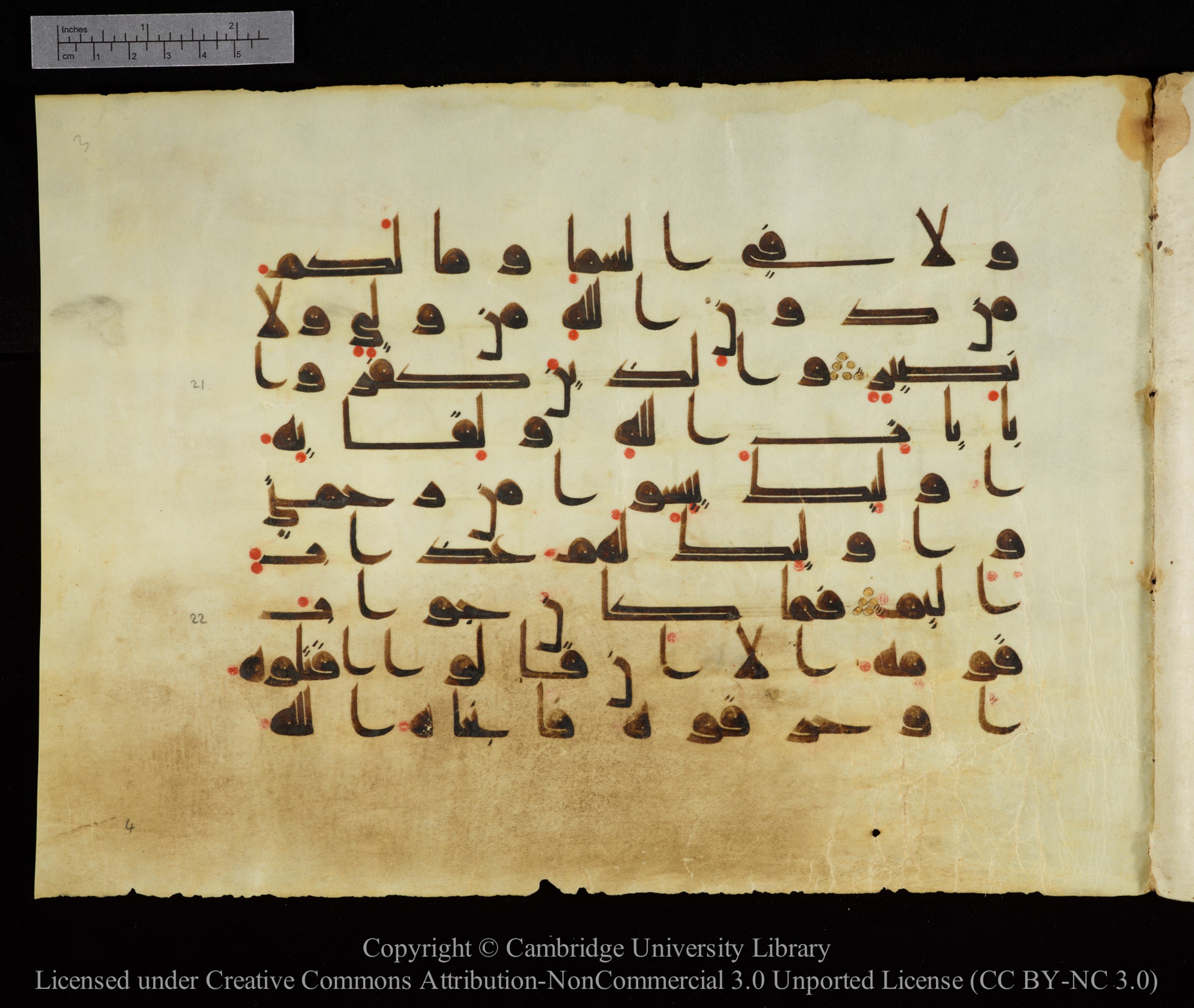 Cambridge, Cambridge University Library, MS Add.1143 (Scan 2), in kūfī D I script, showing Surah 29:22 from 9th or 10th Century AD found in Sinai Peninsula, Egypt, currently housed at Cambridge University Library, Cambridge