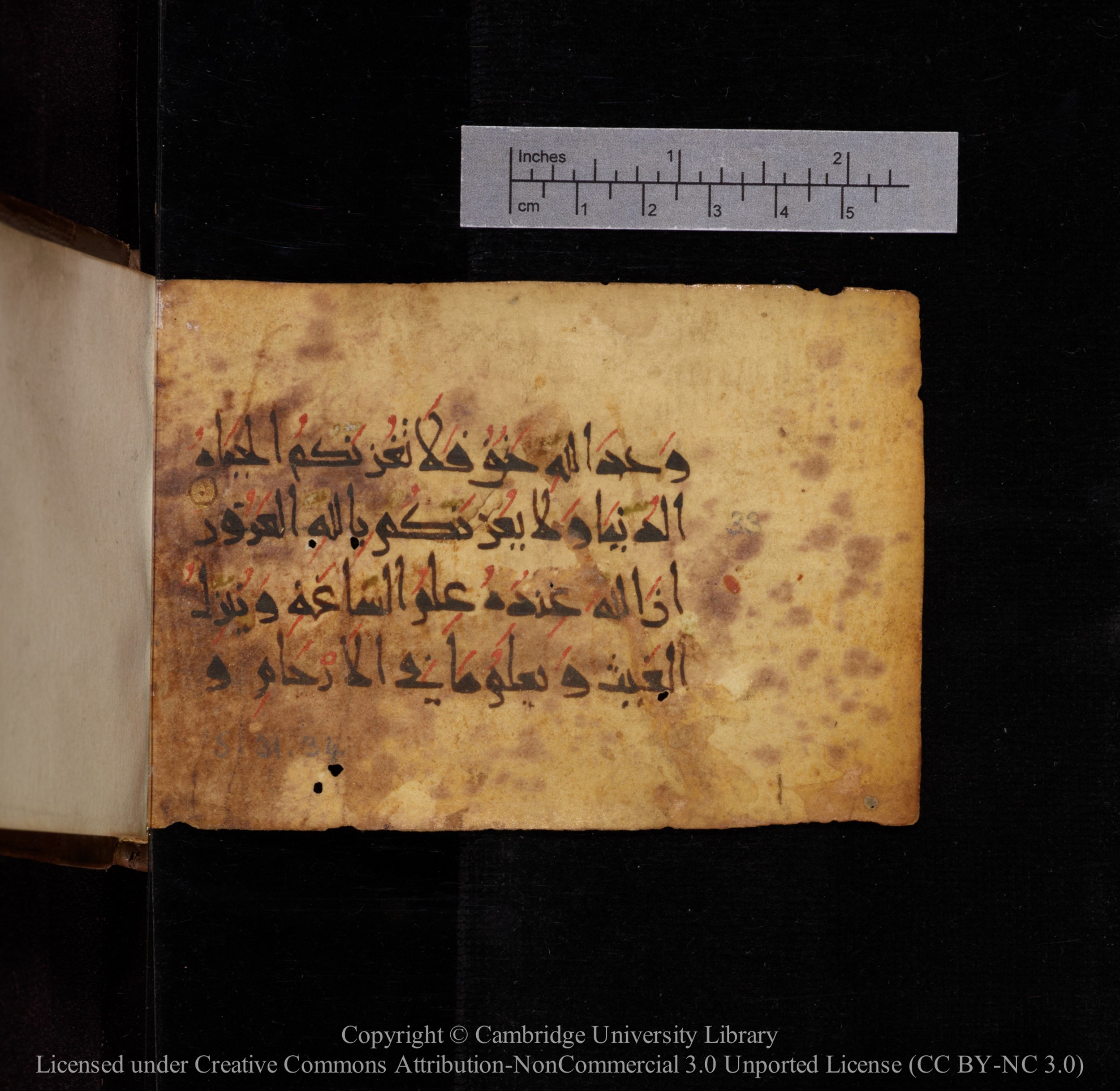 Cambridge, Cambridge University Library, MS Add.1144 (Scan 2), in New Style script, showing Surah 31:33 from 9th or 10th Century AD found in Sinai Peninsula, currently housed at Cambridge University Library, Cambridge
