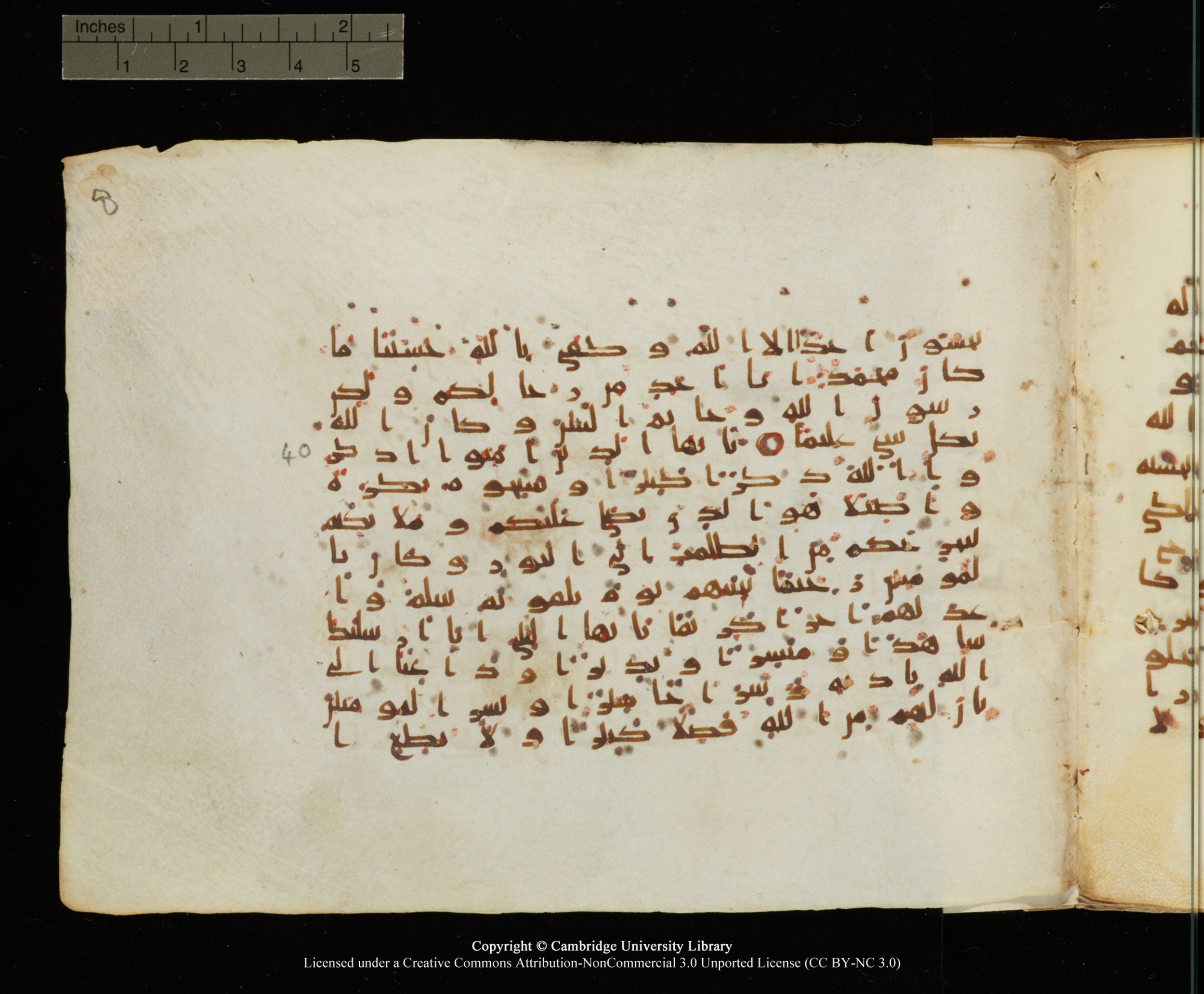 Cambridge University Library, MS Add.1145 (Scan 2), in Kūfī B II script, showing Surah 33:39 from Late 9th or 10th Century AD found in Sinai Peninsula, currently housed at Cambridge University Library, Cambridge