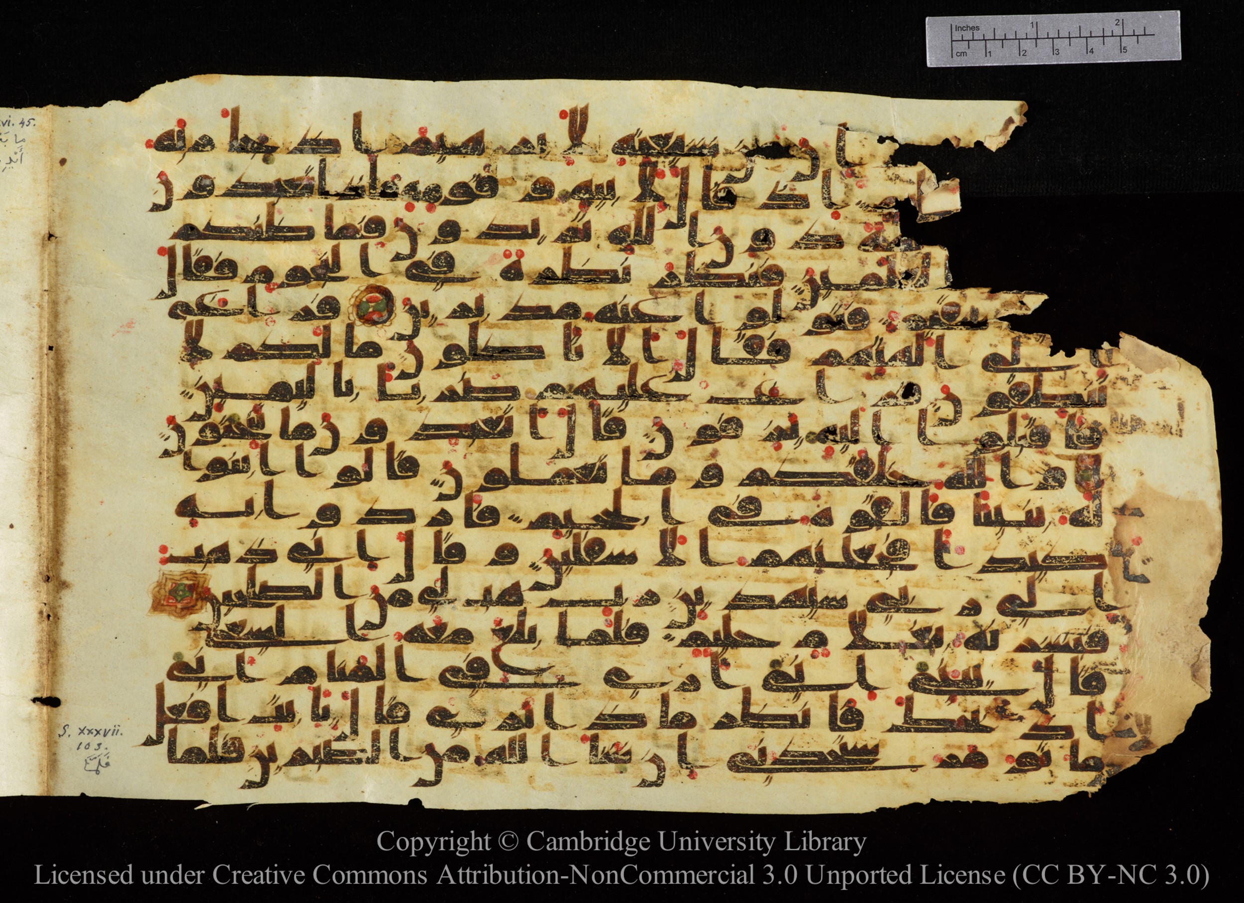 Cambridge University Library, MS Add.1147, in kūfī C II script, showing Surah 37:91 from 9th or 10th Century AD found in Sinai Peninsula, currently housed at Cambridge University Library, Cambridge