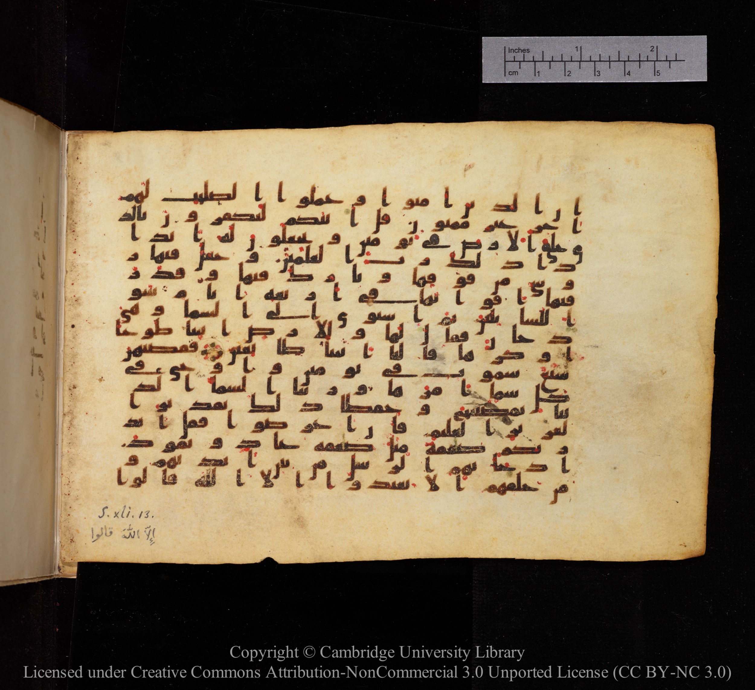 Cambridge, Cambridge University Library, MS Add.1148, in kūfī B II script, showing Surah 41:13 from 9th or 10th century AD found in Sinai Peninsula, currently housed at Cambridge University Library, Cambridge