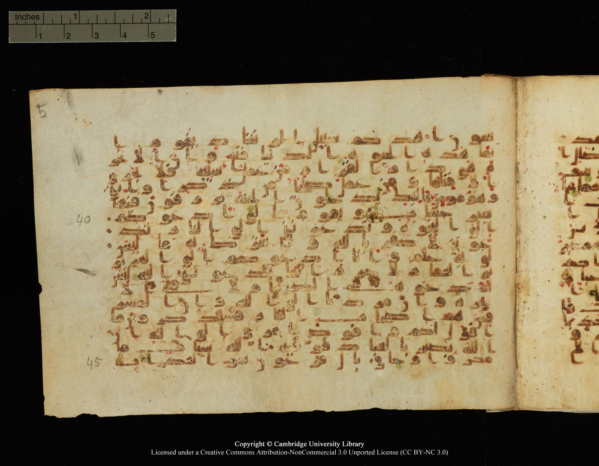 Cambridge, Cambridge University Library, MS Add.1149, in kūfī B.II script, showing Surah 40:39 from 9th Century AD found in Sinai Peninsula, Egypt, currently housed at Cambridge University Library, Cambridge, UK