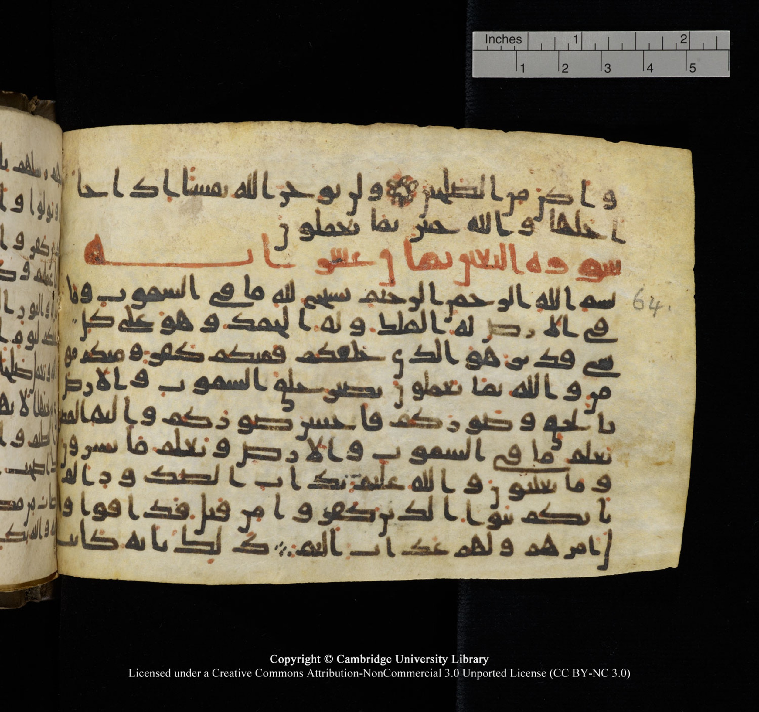 Cambridge University Library, MS Add.1150, in Unidentified script, showing Surah 64:2 from 9th or 10th Century AD found in Sinai Peninsula, currently housed at Cambridge University Library, Cambridge, UK