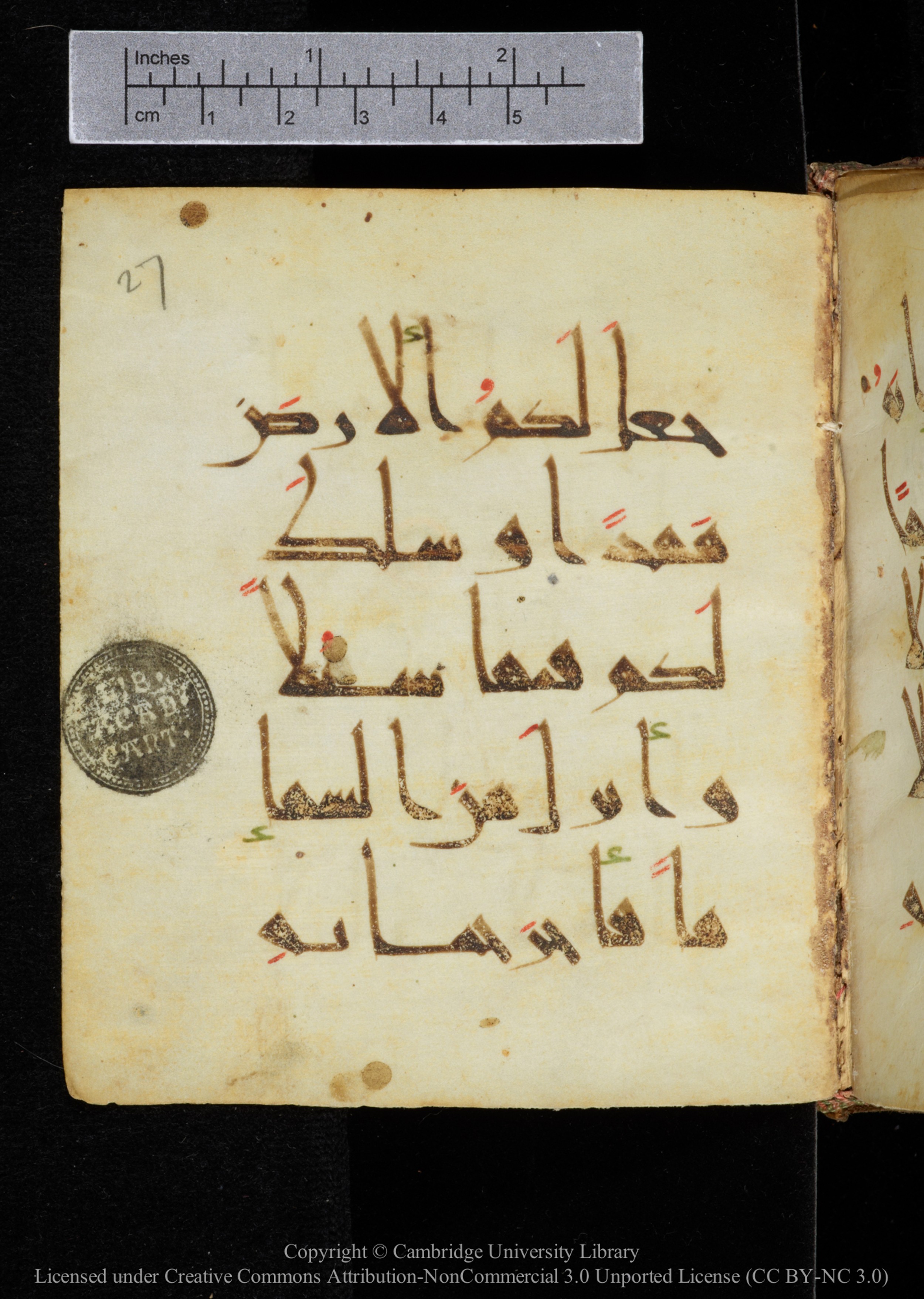 Cambridge, Cambridge University Library, MS Add.2964 (Scan 1), in New Style I script, showing Surah 20:53 from 10th to 11th Century AD found in Unknown, currently housed at Cambridge University Library, Cambridge