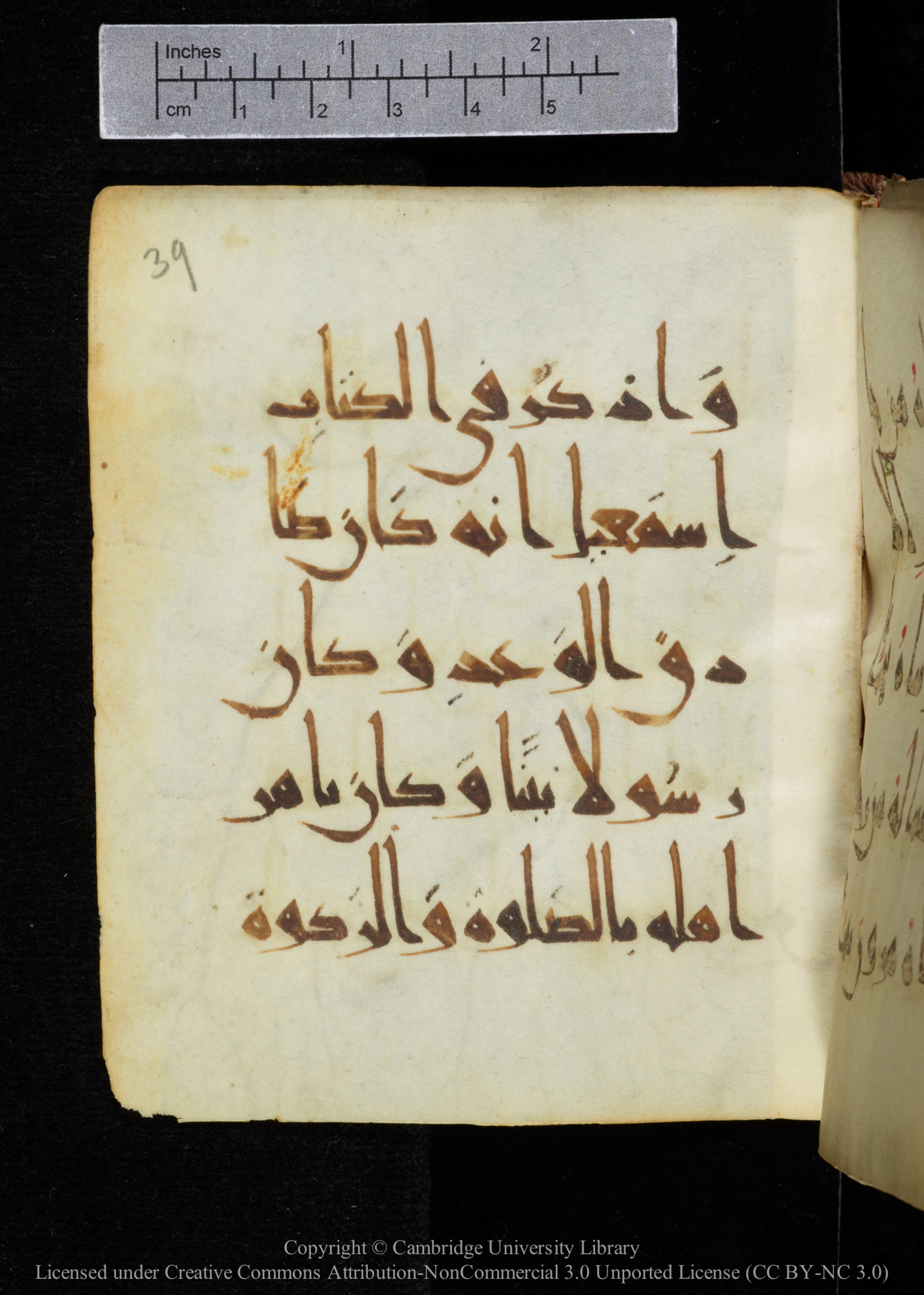 Cambridge, Cambridge University Library, MS Add.2964 (Scan 1), in New Style I script, showing Surah 19:55 from 10th to 11th Century AD found in Unknown, currently housed at Cambridge University Library, Cambridge