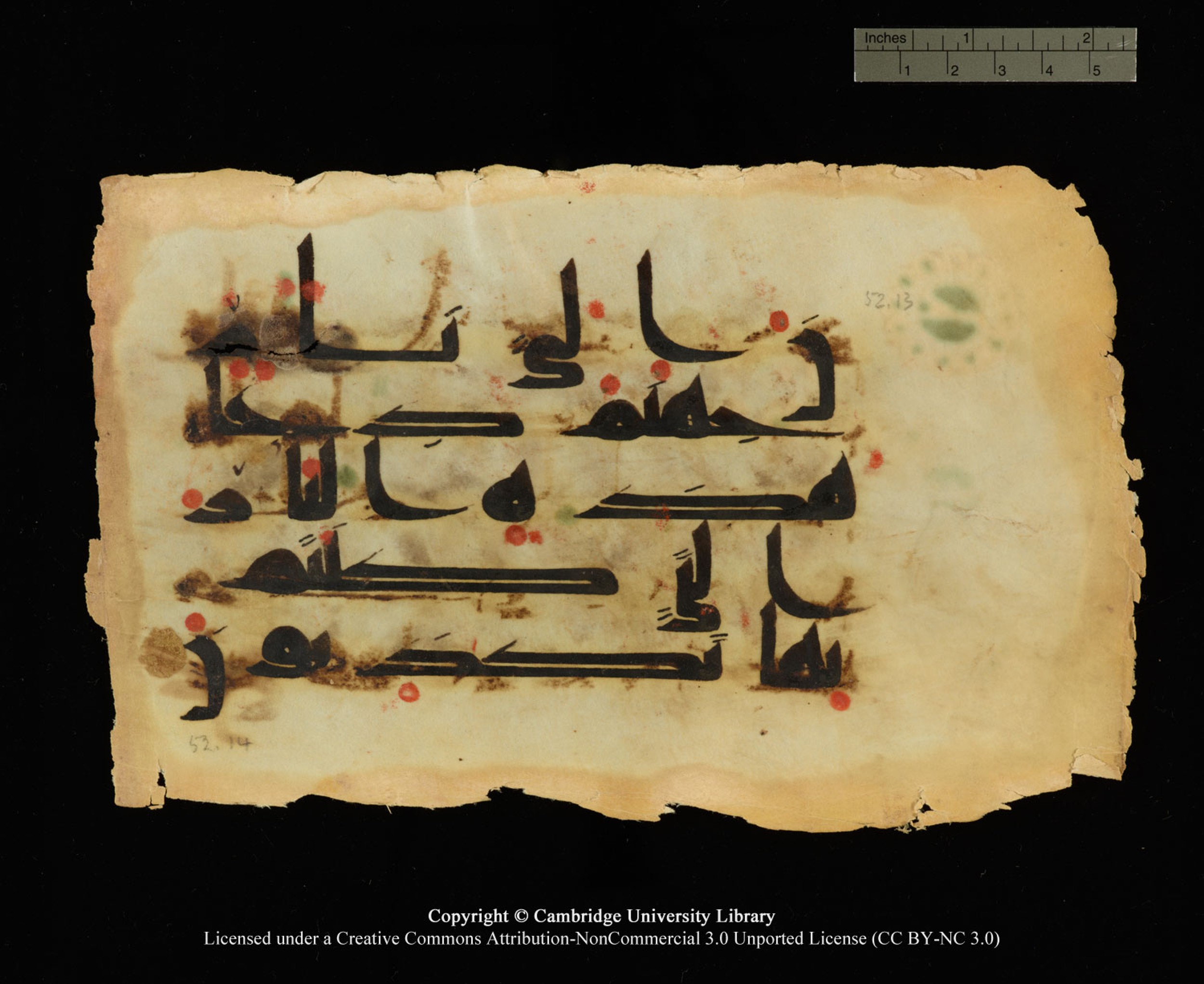 Cambridge, Cambridge University Library, MS Or.770 (Scan 2), in Kūfī D.III script, showing Surah 52:13 from 9th Century AD found in Unknown, currently housed at Cambridge University Library, Cambridge