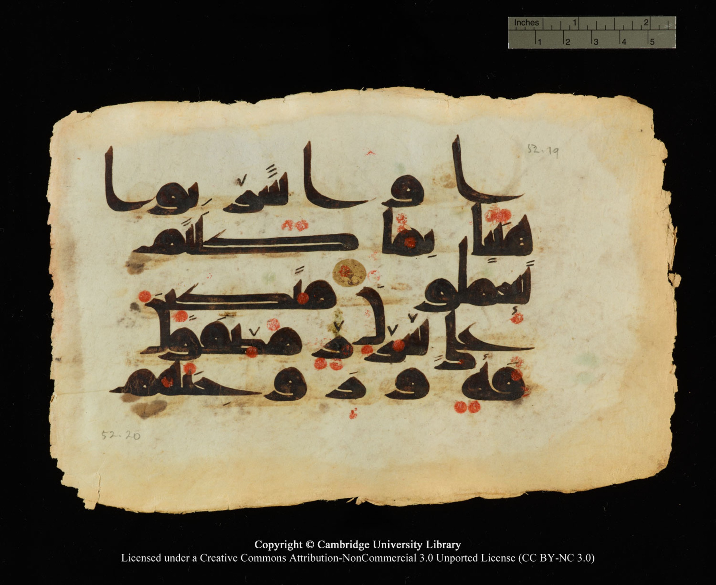 Cambridge, Cambridge University Library, MS Or.770, in Kūfī D.III script, showing Surah 52:20 from 9th Century AD found in Unknown, currently housed at Cambridge University Library, Cambridge