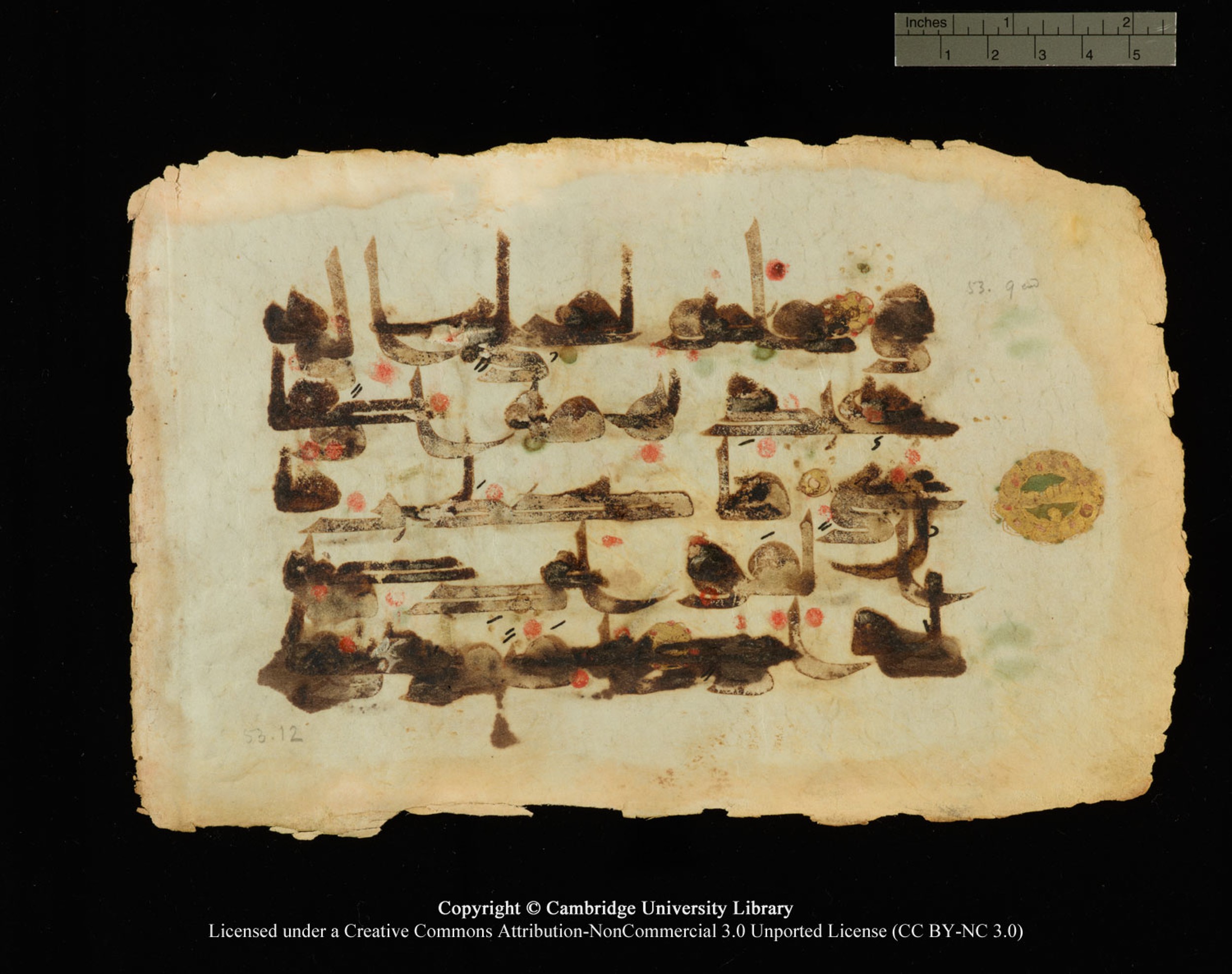 Cambridge, Cambridge University Library, MS Or.770 (Scan 2), in Kūfī D.III script, showing Surah 53:9 from 9th Century AD found in Unknown, currently housed at Cambridge University Library, Cambridge
