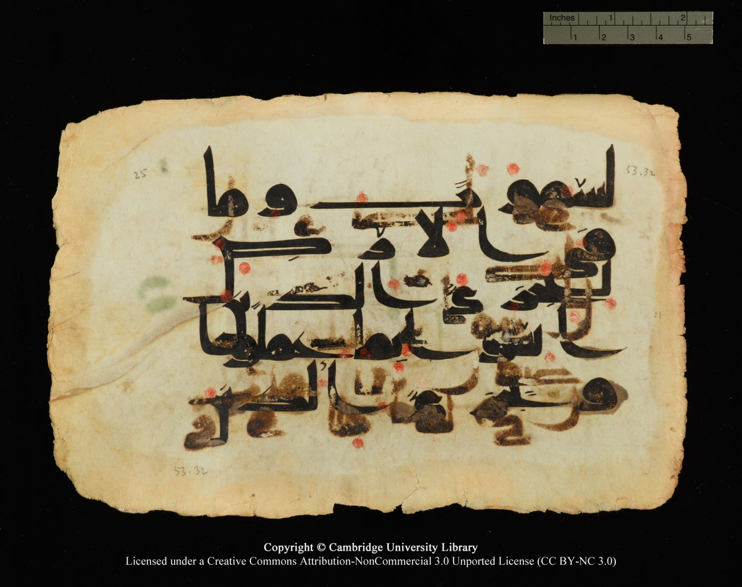 Cambridge, Cambridge University Library, MS Or.770 (Scan 1), in Kūfī D.III script, showing Surah 53:31 from 9th Century AD found in Unknown, currently housed at Cambridge University Library, Cambridge