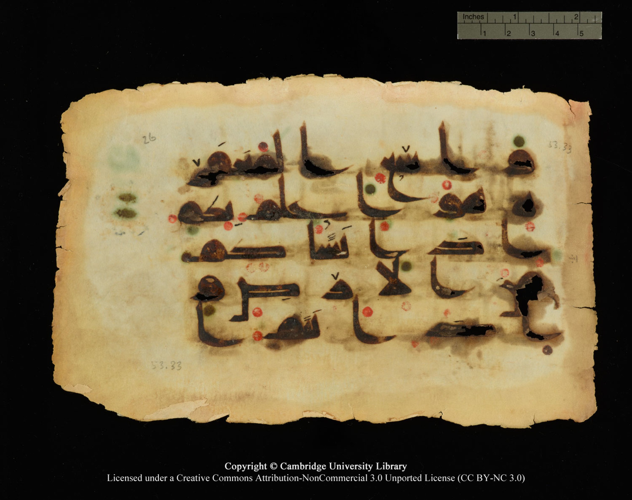 Cambridge, Cambridge University Library, MS Or.770 (Scan 2), in Kūfī D.III script, showing Surah 53:32 from 9th Century AD found in Unknown, currently housed at Cambridge University Library, Cambridge