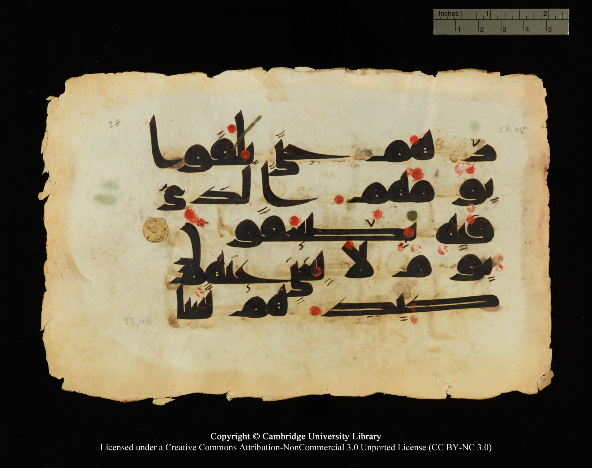 Cambridge, Cambridge University Library, MS Or.770 (Scan 2), in Kūfī D.III script, showing Surah 52:45 from 9th Century AD found in Unknown, currently housed at Cambridge University Library, Cambridge