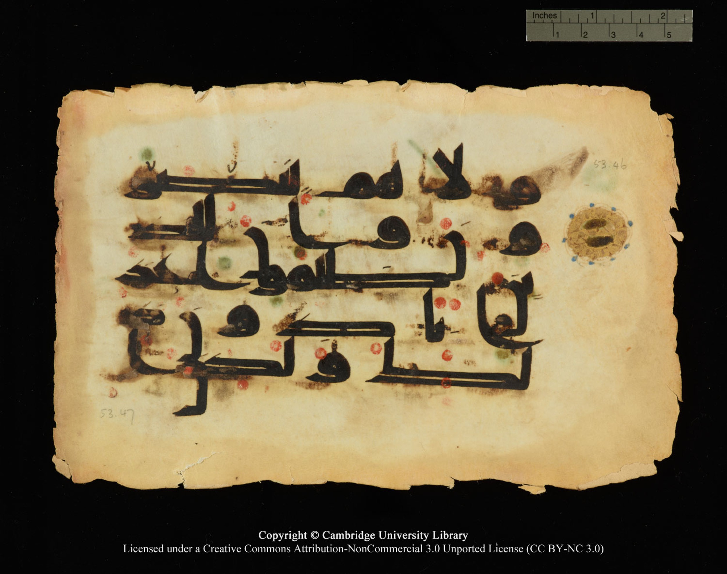 Cambridge, Cambridge University Library, MS Or.770 (Scan 2), in Kūfī D.III script, showing Surah 52:46 from 9th Century AD found in Unknown, currently housed at Cambridge University Library, Cambridge