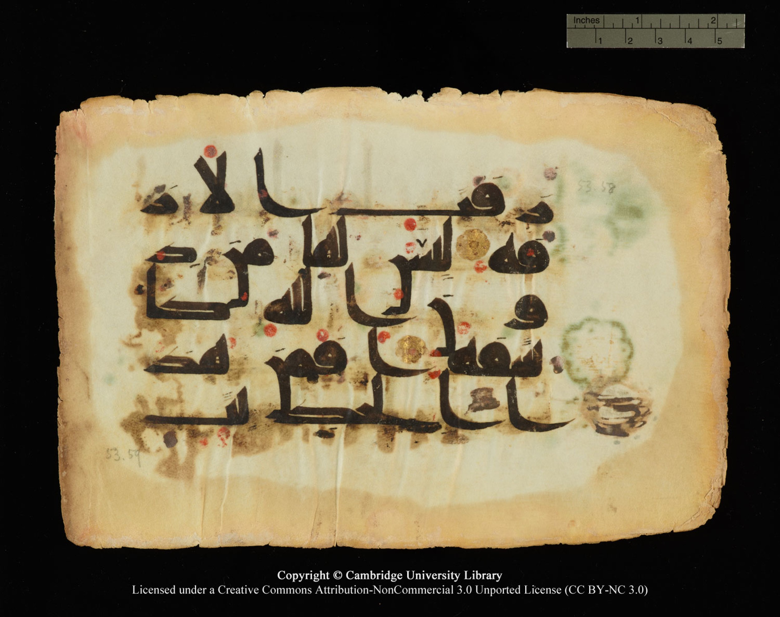 Cambridge, Cambridge University Library, MS Or.770, in Kūfī D.III script, showing Surah 53:59 from 9th Century AD found in Unknown, currently housed at Cambridge University Library, Cambridge
