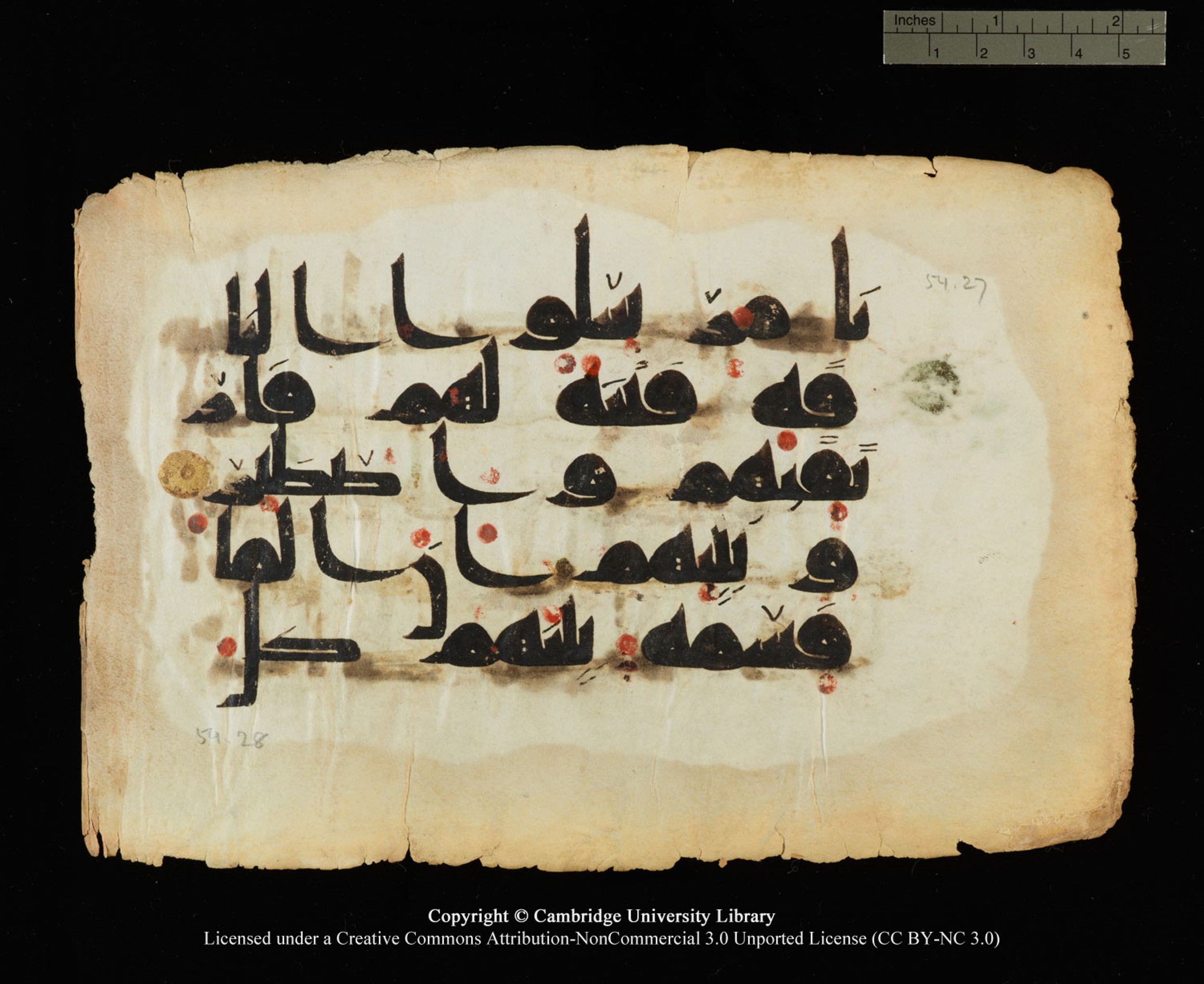 Cambridge, Cambridge University Library, MS Or.770, in Kūfī D.III script, showing Surah 54:28 from 9th Century AD found in Unknown, currently housed at Cambridge University Library, Cambridge