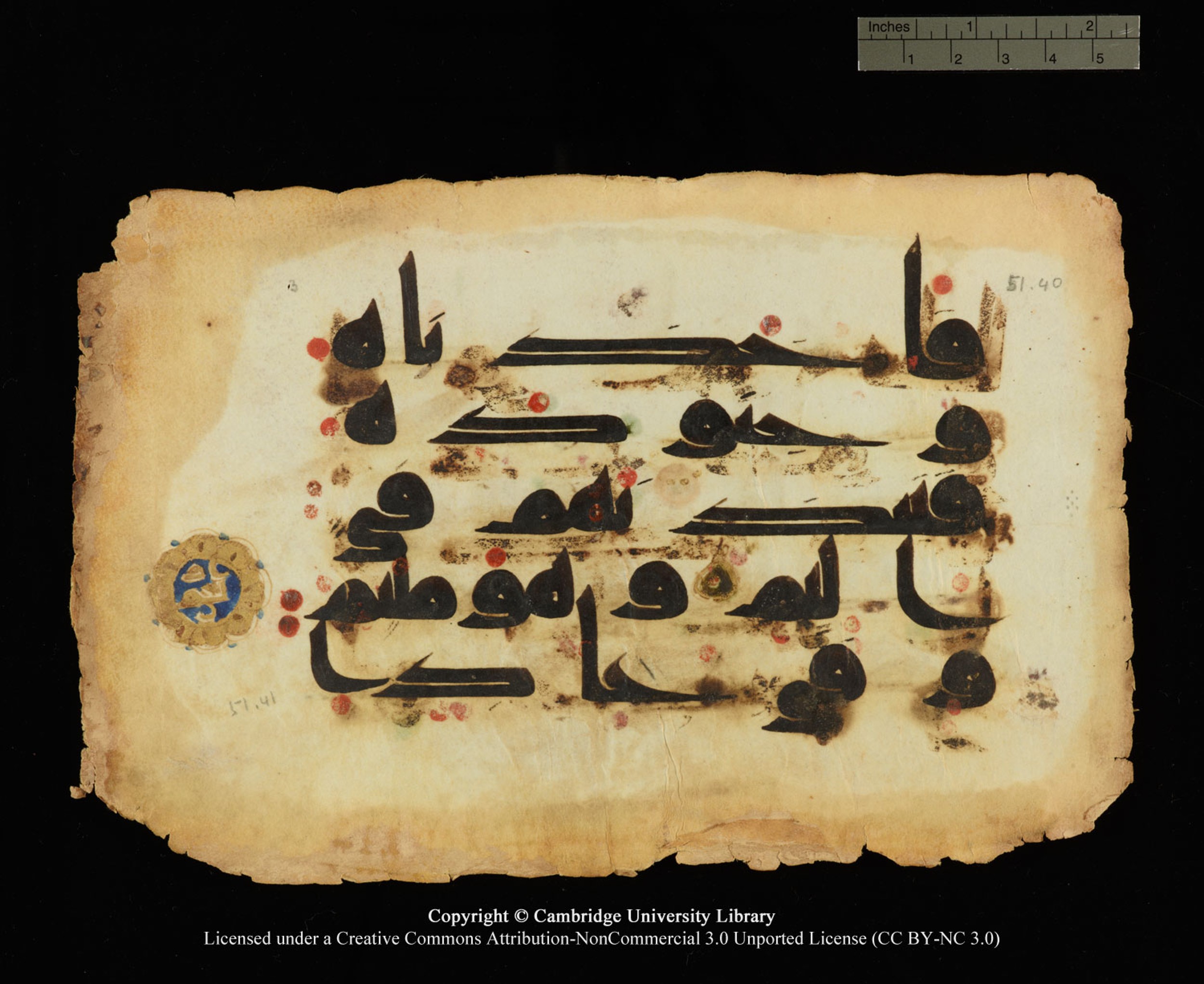 Cambridge, Cambridge University Library, MS Or.770 (Scan 1), in Kūfī D.III script, showing Surah 51:41 from 9th Century AD found in Unknown, currently housed at Cambridge University Library, Cambridge
