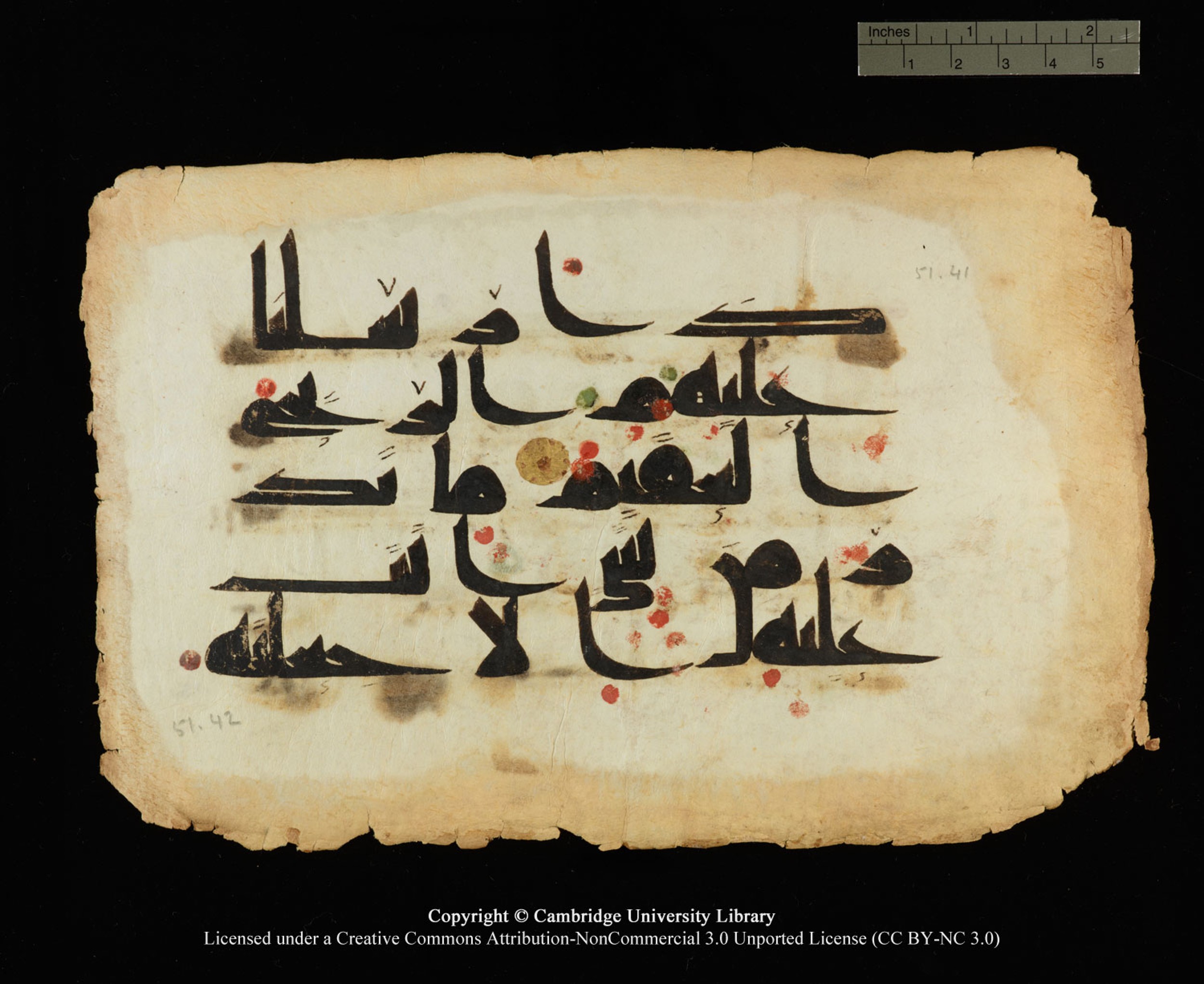 Cambridge, Cambridge University Library, MS Or.770 (Scan 2), in Kūfī D.III script, showing Surah 51:41 from 9th Century AD found in Unknown, currently housed at Cambridge University Library, Cambridge