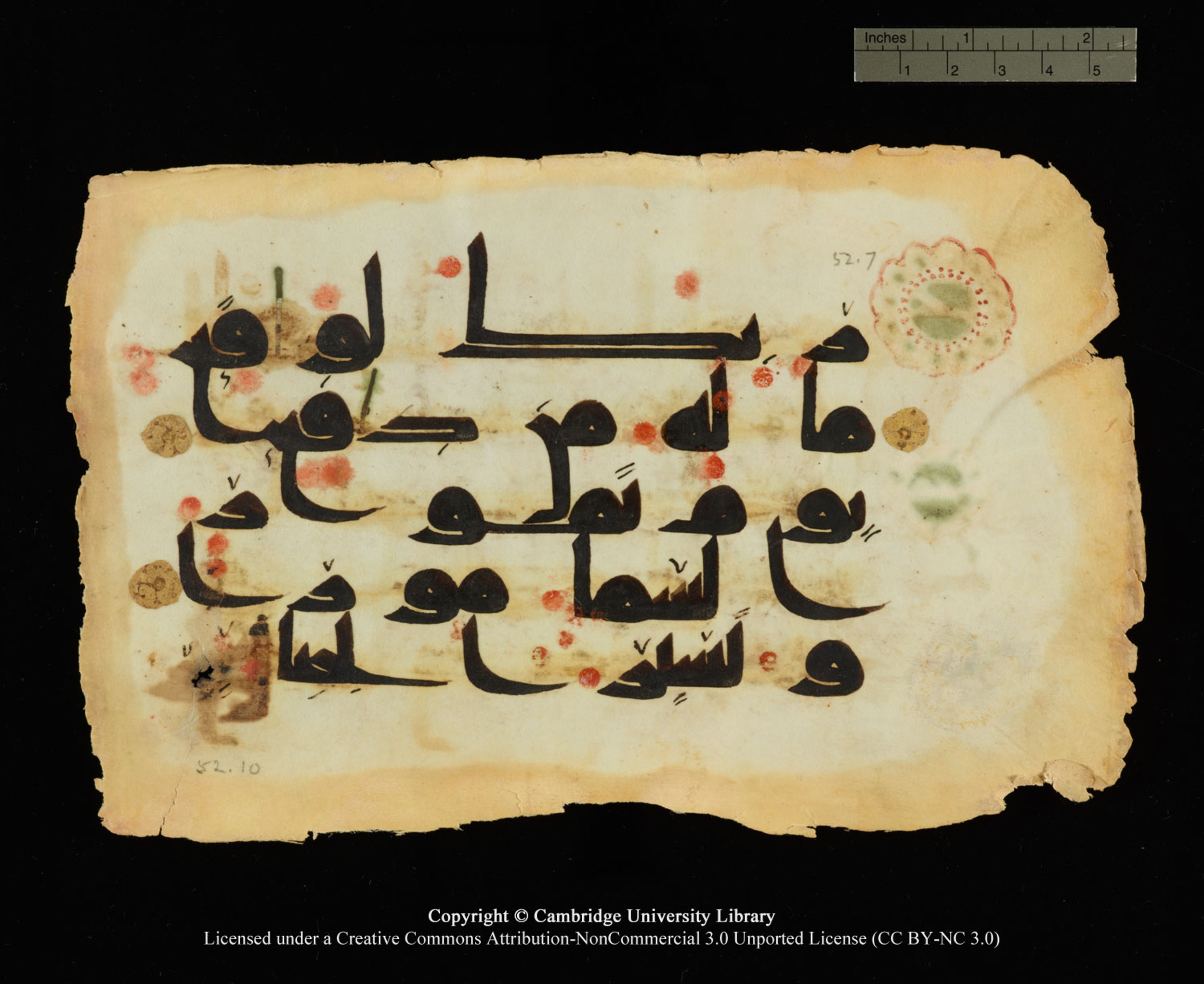 Cambridge, Cambridge University Library, MS Or.770, in Kūfī D.III script, showing Surah 52:8 from 9th Century AD found in Unknown, currently housed at Cambridge University Library, Cambridge