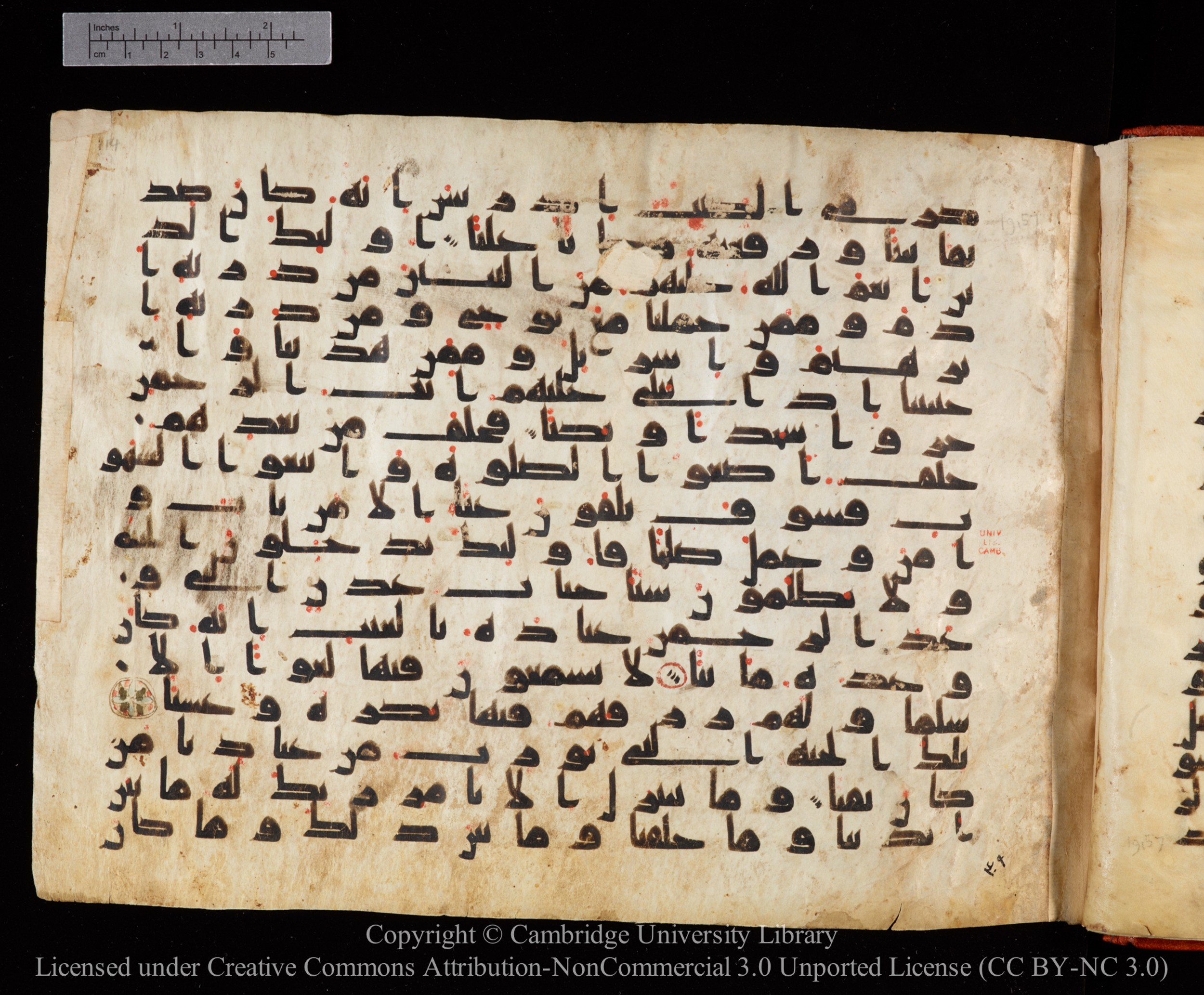 Cambridge University Library MS Or.771, in kūfī D.I script, showing Surah 19:63 from 10th to 11th Century AD found in Unknown, currently housed at Cambridge University Library, Cambridge, UK