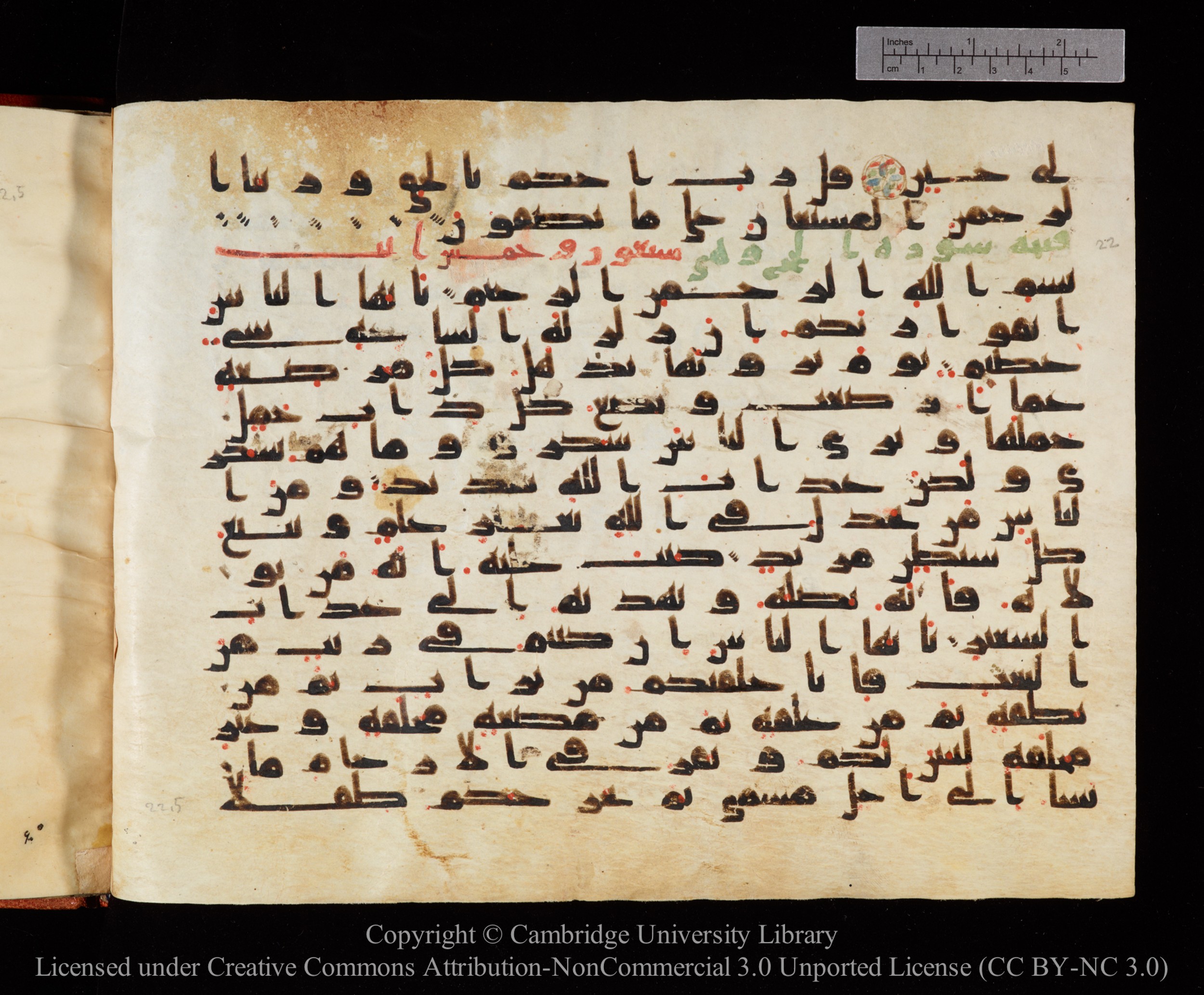 Cambridge University Library MS Or.771 (Scan 2), in kūfī D.I script, showing Surah 21:111 from 10th to 11th Century AD found in Unknown, currently housed at Cambridge University Library, Cambridge, UK