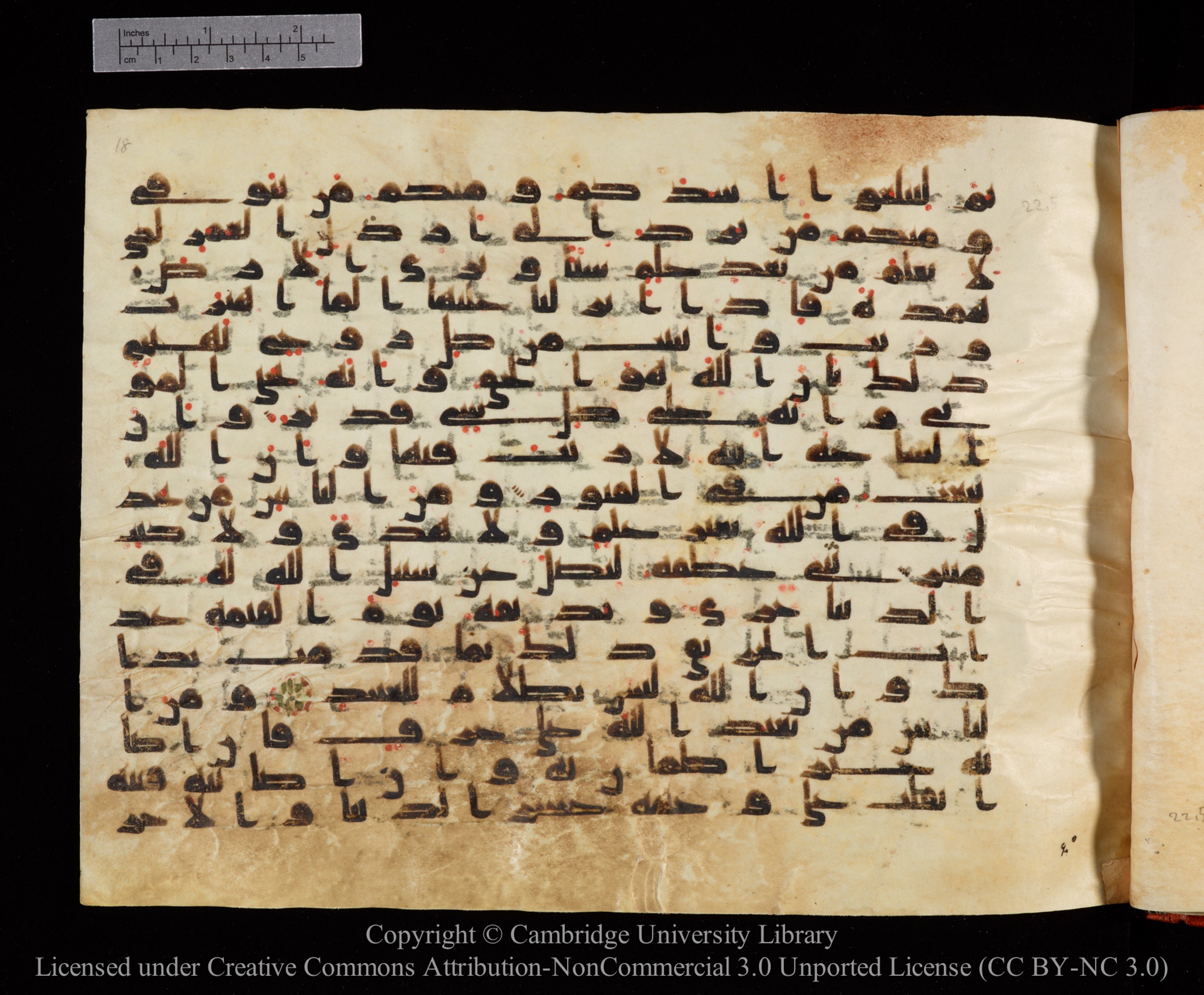 Cambridge University Library MS Or.771, in kūfī D.I script, showing Surah 22:7 from 10th to 11th Century AD found in Unknown, currently housed at Cambridge University Library, Cambridge, UK