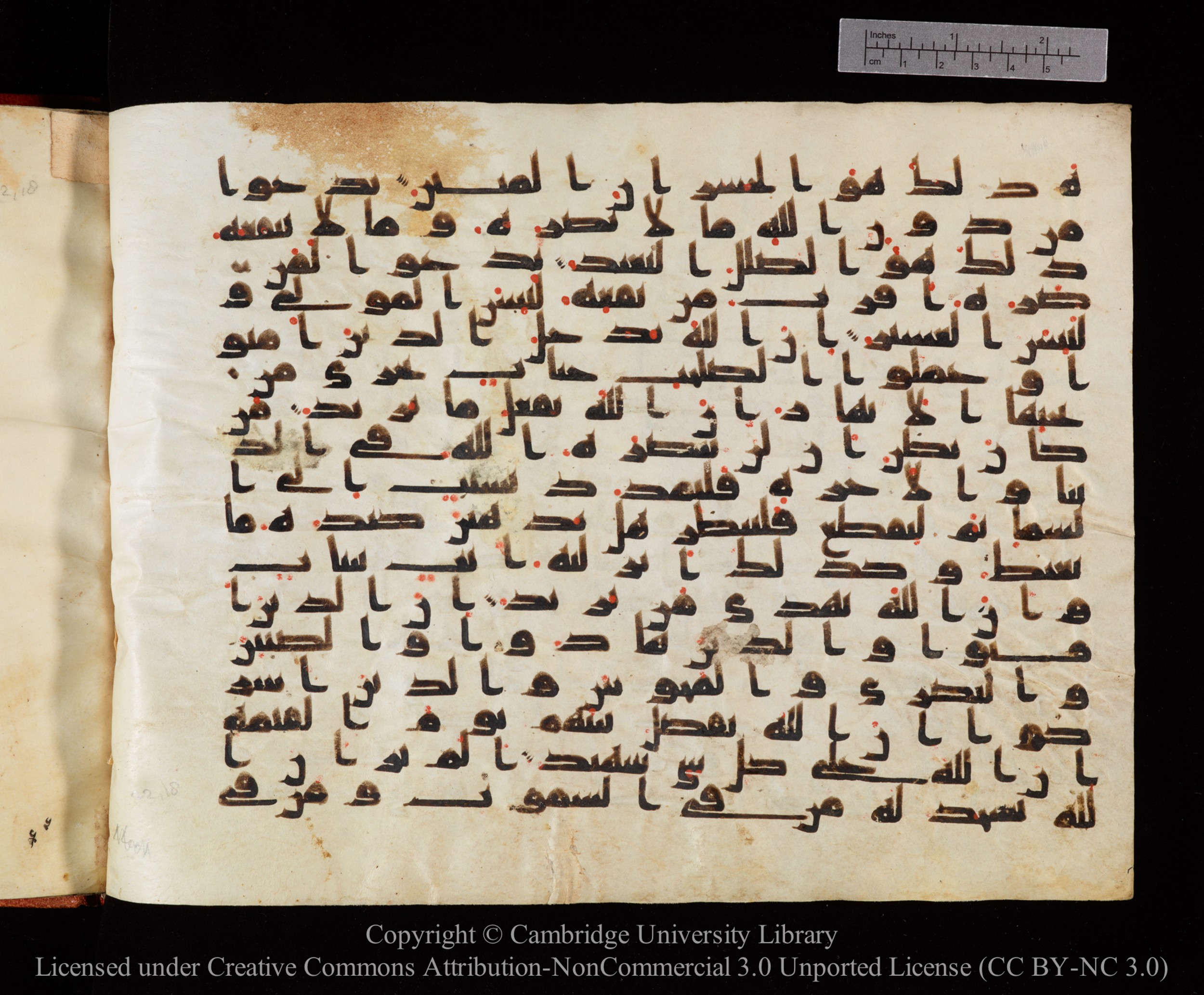 Cambridge University Library MS Or.771, in kūfī D.I script, showing Surah 22:13 from 10th to 11th Century AD found in Unknown, currently housed at Cambridge University Library, Cambridge, UK