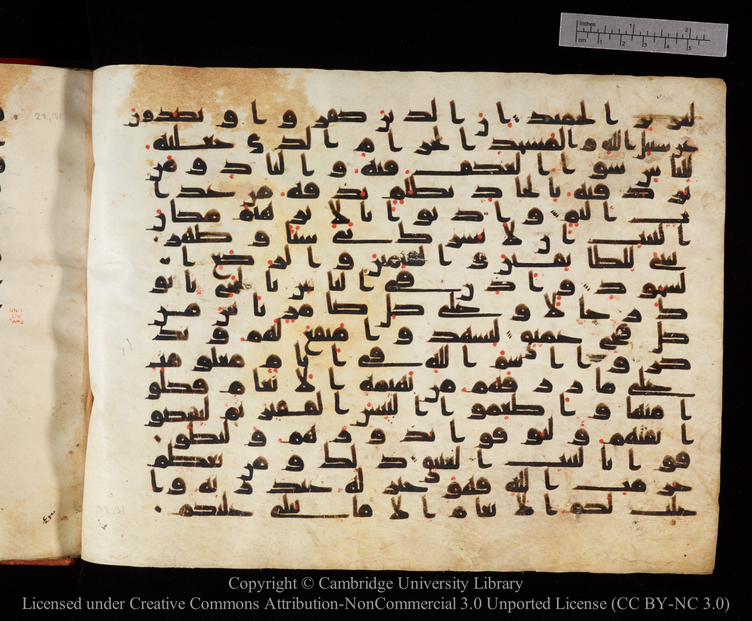 Cambridge University Library MS Or.771, in kūfī D.I script, showing Surah 22:29 from 10th to 11th Century AD found in Unknown, currently housed at Cambridge University Library, Cambridge, UK