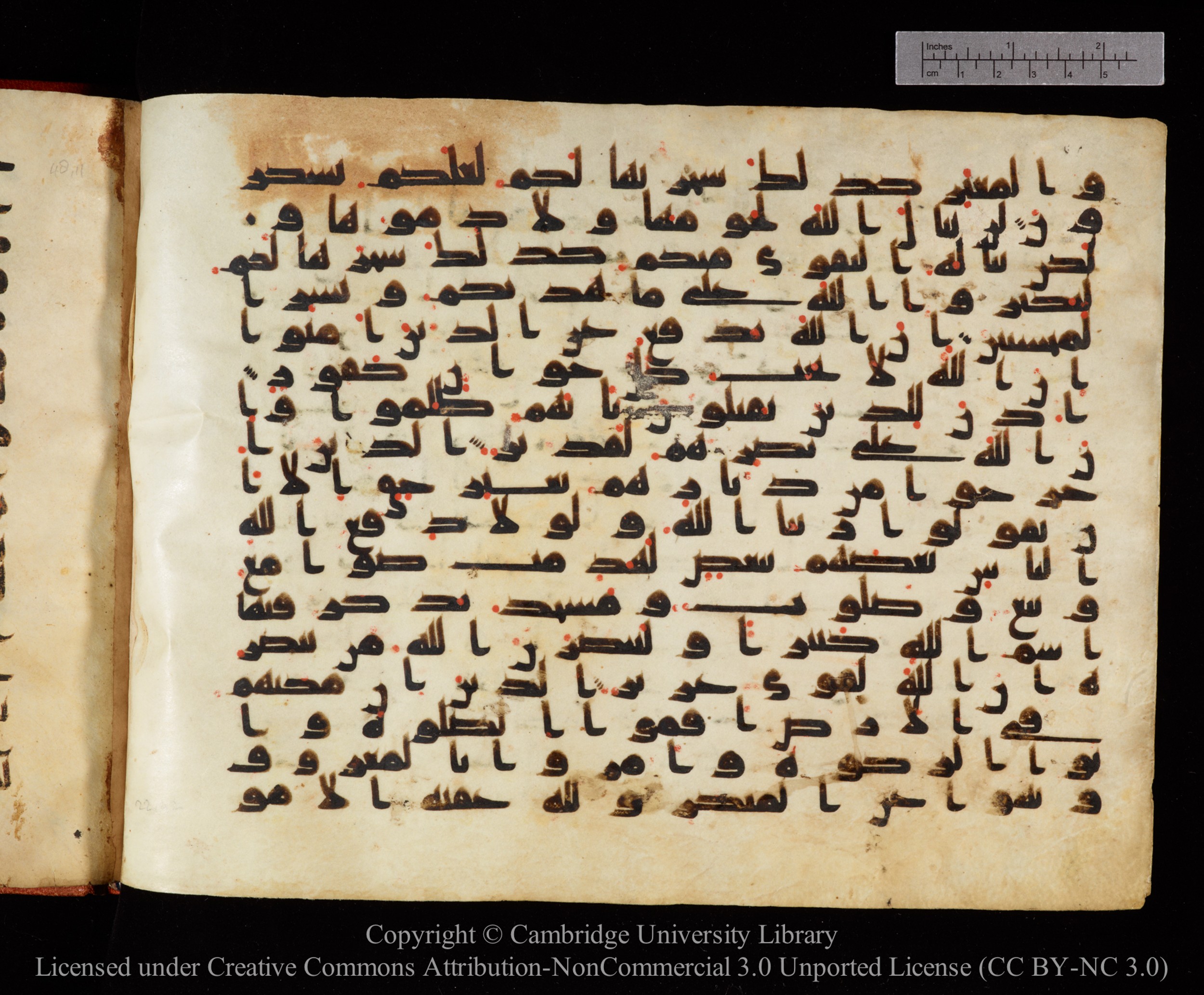 Cambridge University Library MS Or.771, in kūfī D.I script, showing Surah 22:39 from 10th to 11th Century AD found in Unknown, currently housed at Cambridge University Library, Cambridge, UK