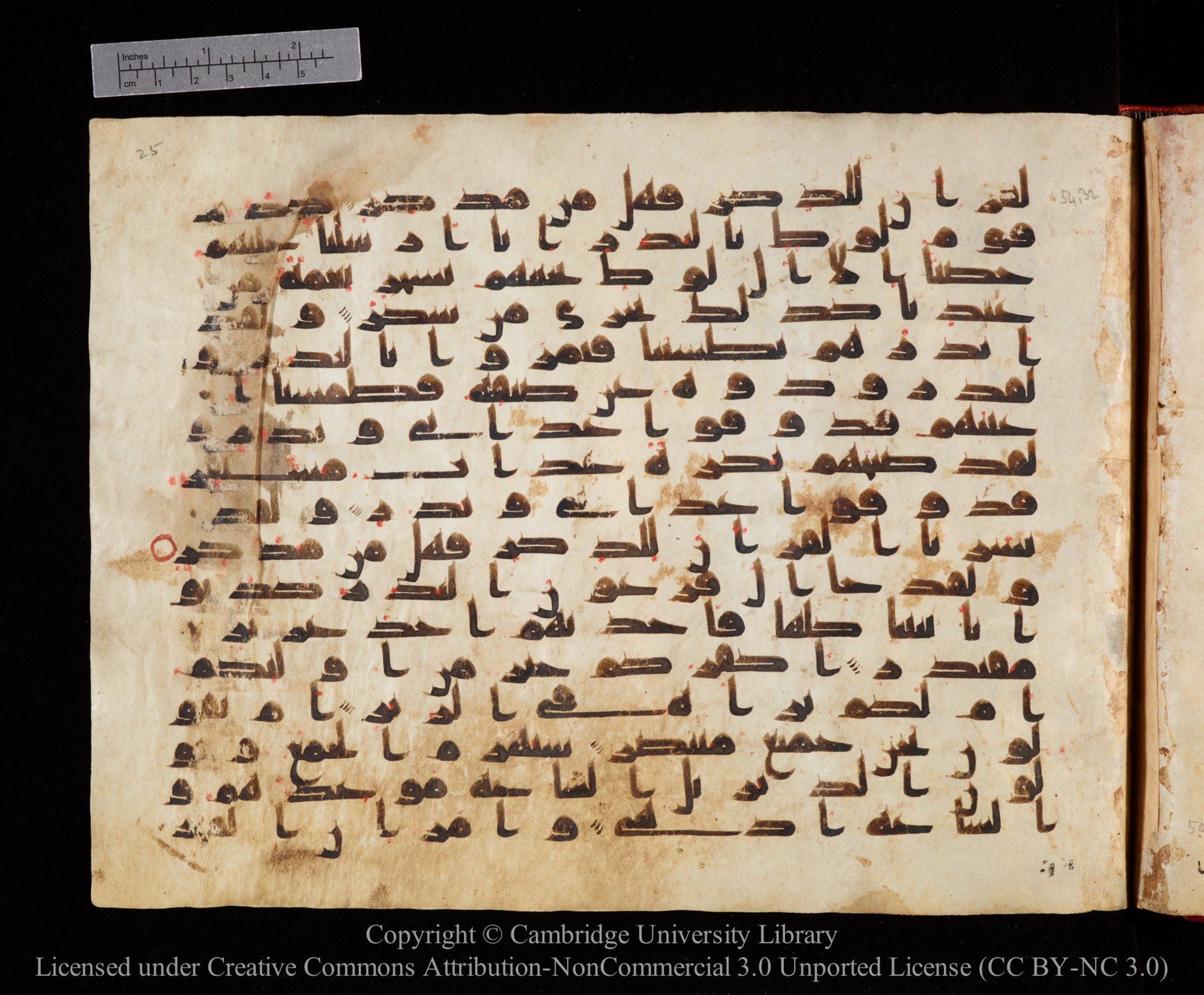 Cambridge University Library MS Or.771, in kūfī D.I script, showing Surah 54:39 from 10th to 11th Century AD found in Unknown, currently housed at Cambridge University Library, Cambridge, UK