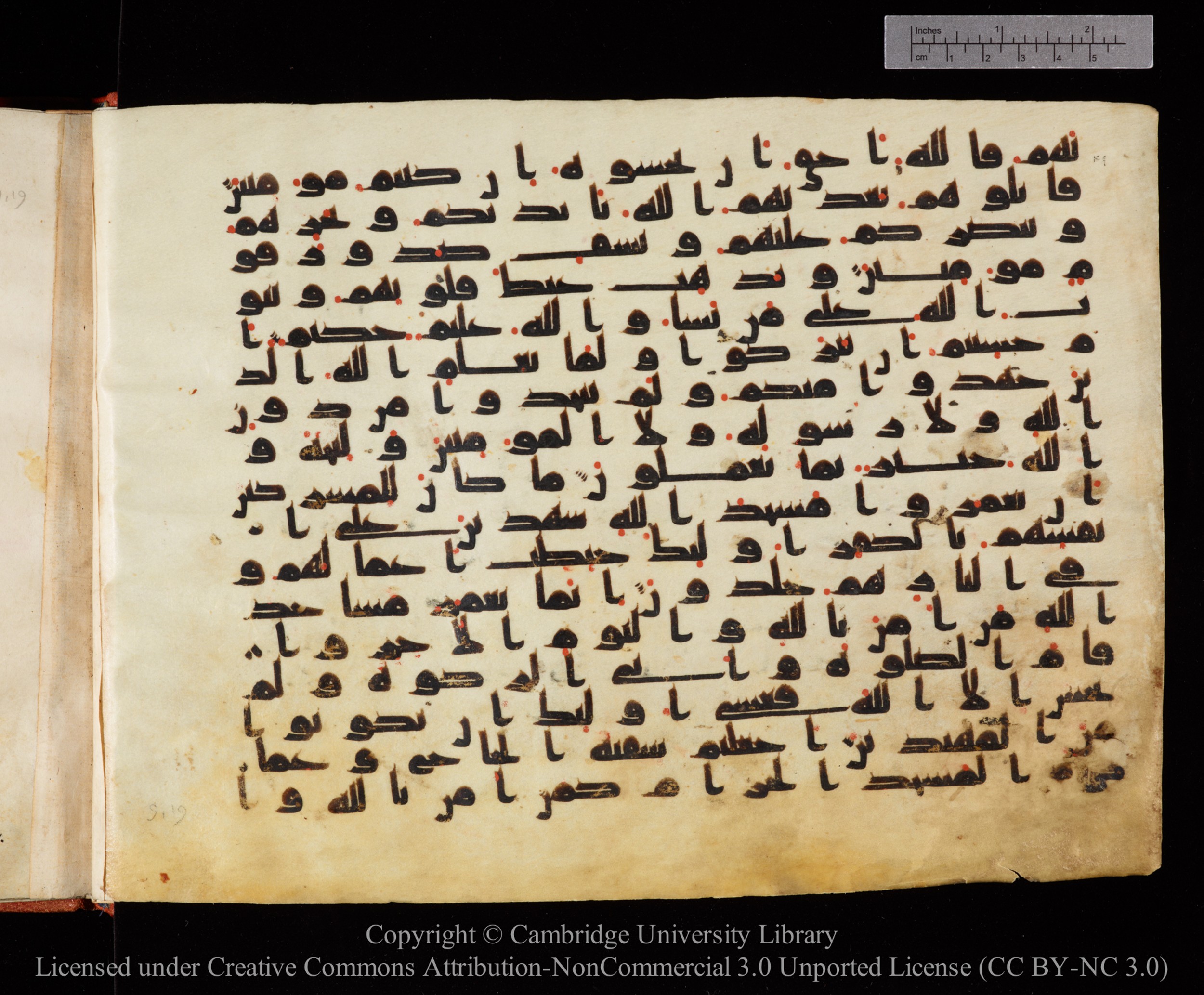 Cambridge University Library MS Or.771 (Scan 2), in kūfī D.I script, showing Surah 9:13 from 10th to 11th Century AD found in Unknown, currently housed at Cambridge University Library, Cambridge, UK