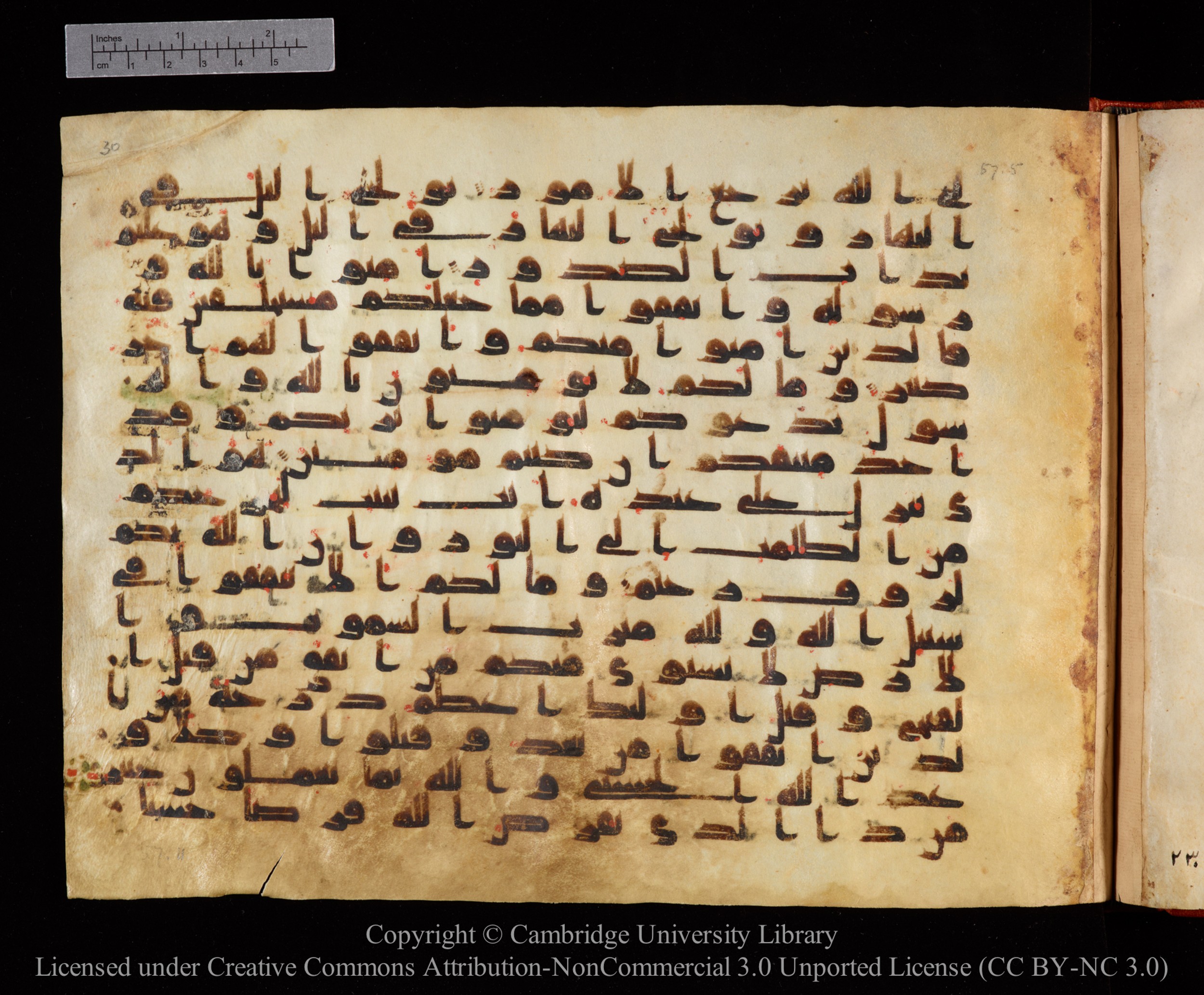 Cambridge University Library MS Or.771, in kūfī D.I script, showing Surah 57:7 from 10th to 11th Century AD found in Unknown, currently housed at Cambridge University Library, Cambridge, UK
