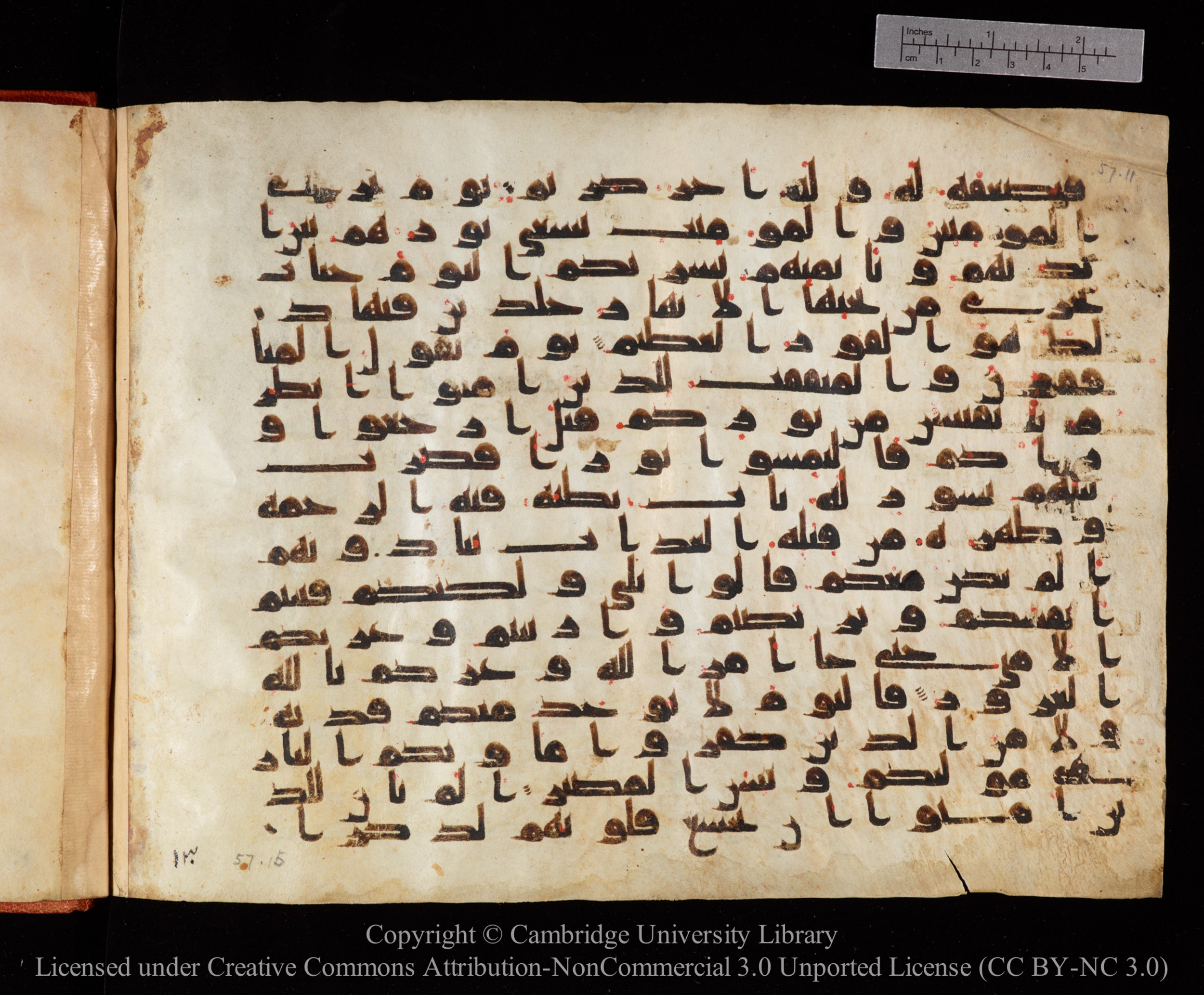 Cambridge University Library MS Or.771, in kūfī D.I script, showing Surah 57:13 from 10th to 11th Century AD found in Unknown, currently housed at Cambridge University Library, Cambridge, UK