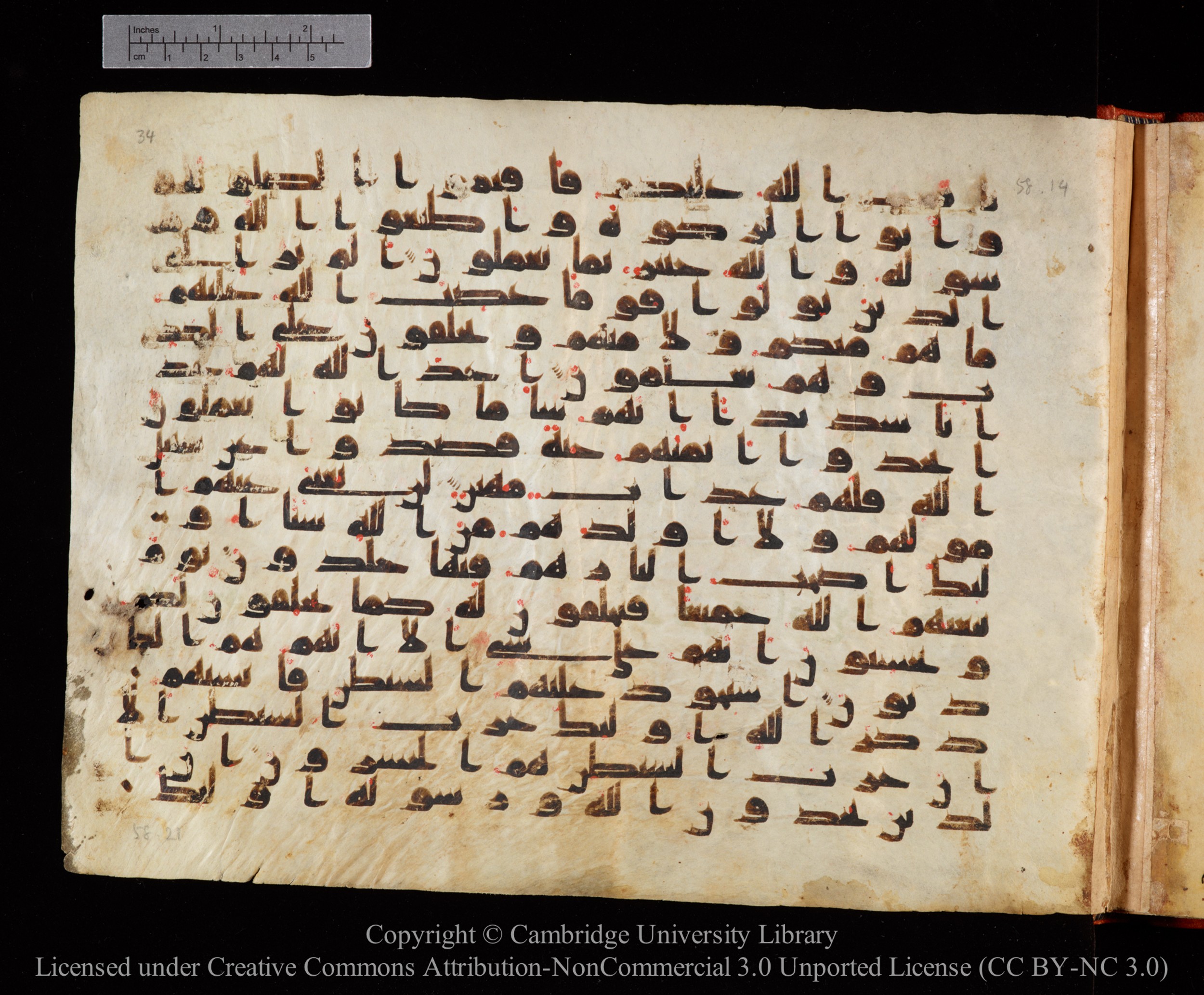 Cambridge University Library MS Or.771, in kūfī D.I script, showing Surah 58:19 from 10th to 11th Century AD found in Unknown, currently housed at Cambridge University Library, Cambridge, UK