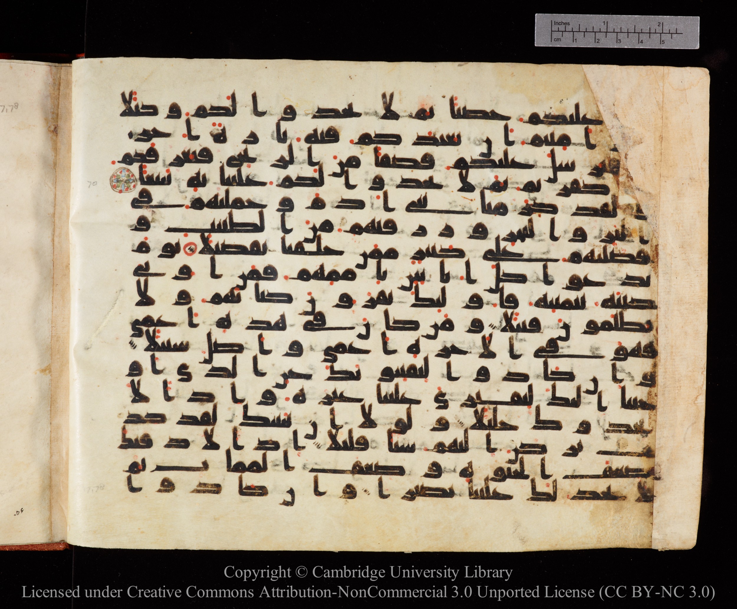 Cambridge University Library MS Or.771, in kūfī D.I script, showing Surah 17:71 from 10th to 11th Century AD found in Unknown, currently housed at Cambridge University Library, Cambridge, UK