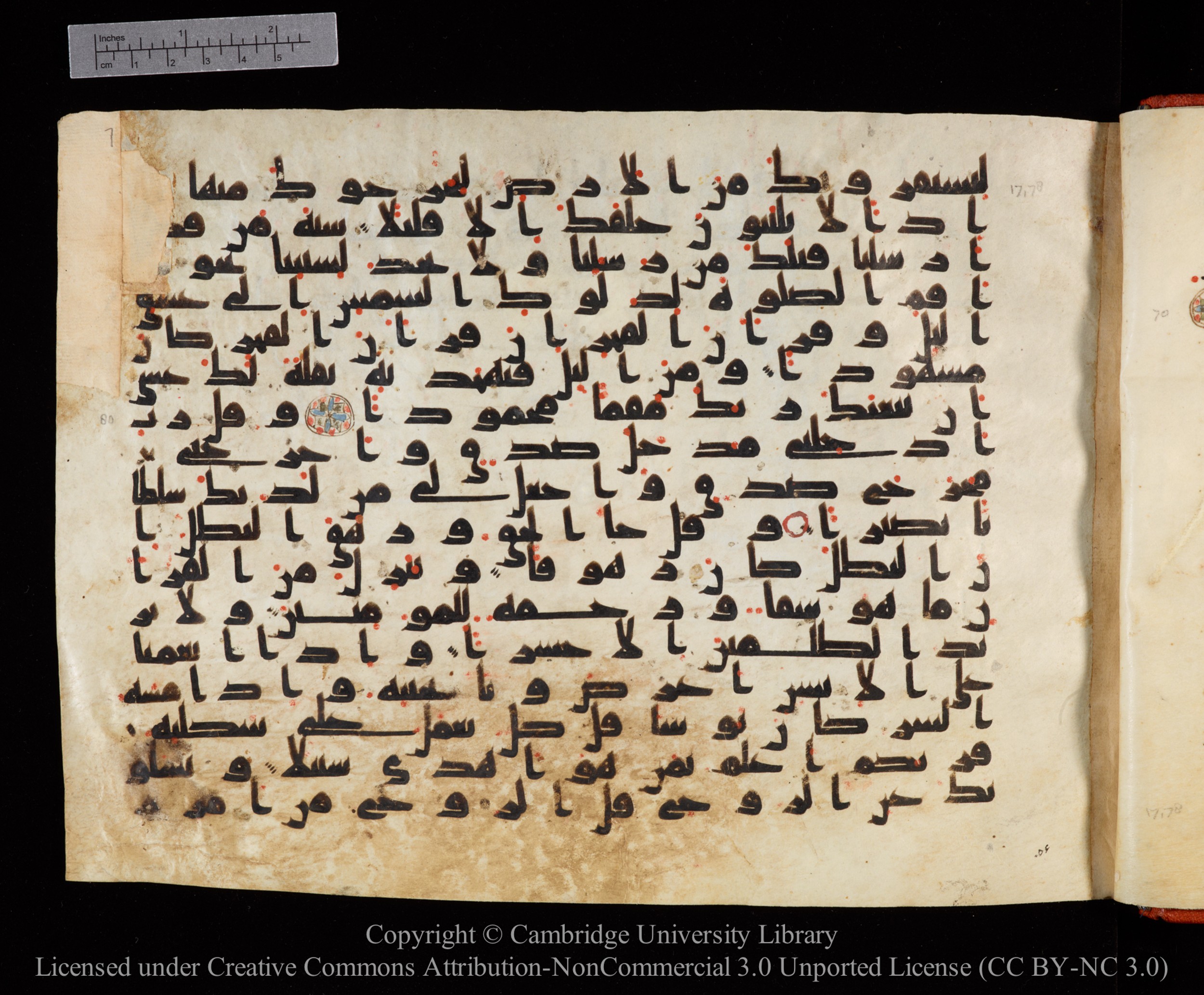 Cambridge University Library MS Or.771 (Scan 2), in kūfī D.I script, showing Surah 17:76 from 10th to 11th Century AD found in Unknown, currently housed at Cambridge University Library, Cambridge, UK
