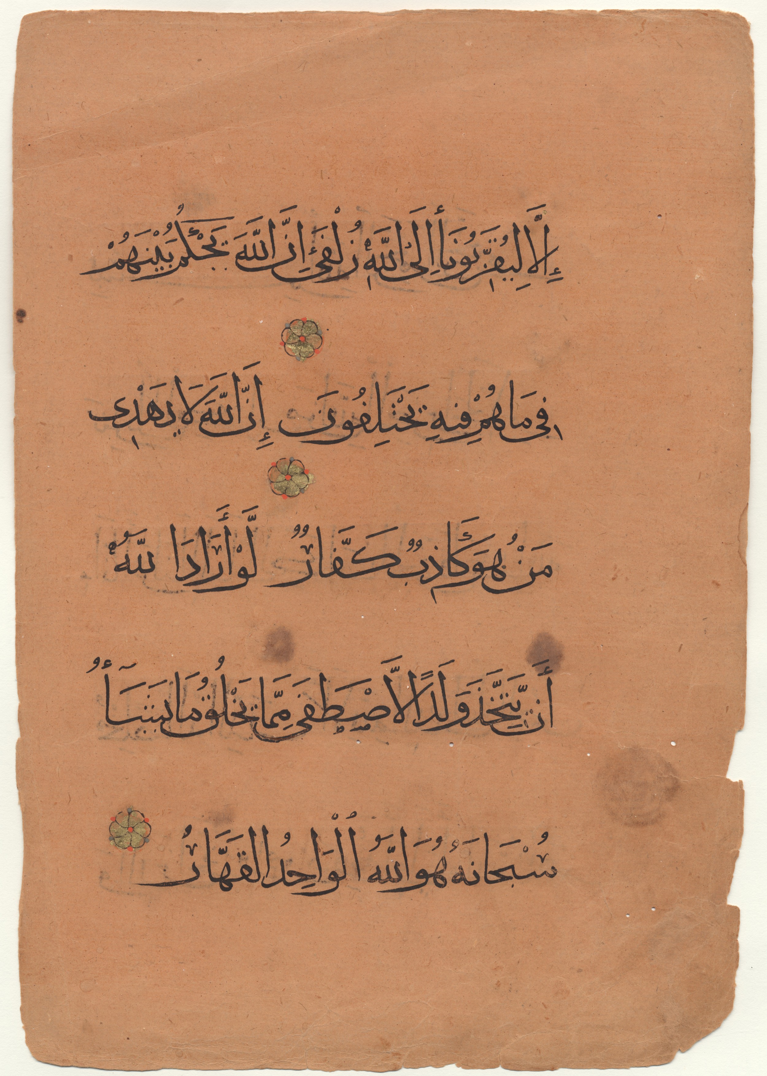 Brown University Library 6157, in tauqīʿ script, showing Surah 39:4 from 13th to 14th Century AD found in Middle East, currently housed at Brown University Library, Providence, Rhode Island