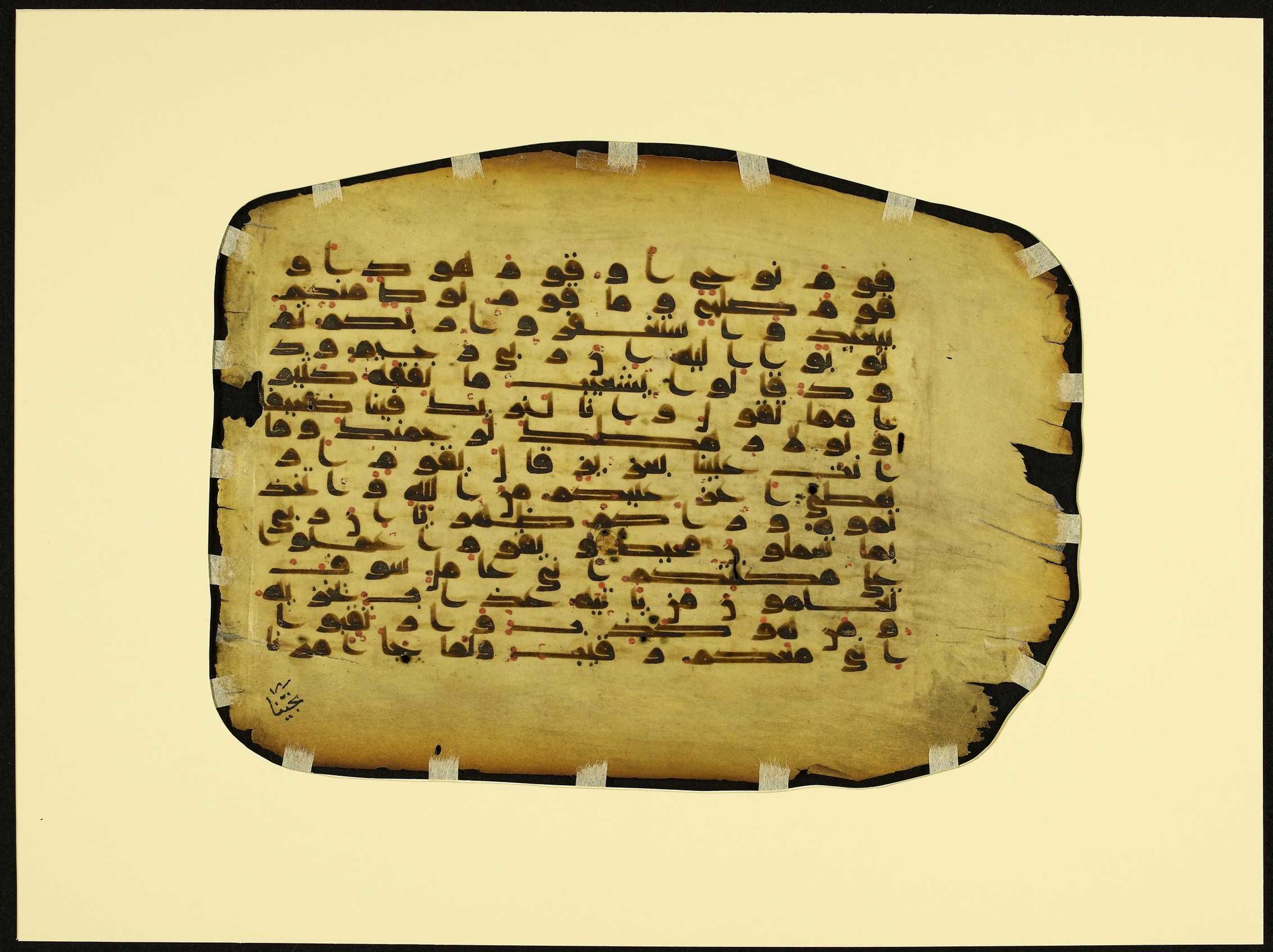MS Brunensis-Birminghamiensis (BrB) (Scan 2), in kūfī D.IV script, showing Surah 11:89 from 9th Century AD found in Middle East, currently housed at Brown University Library, Providence, Rhode Island