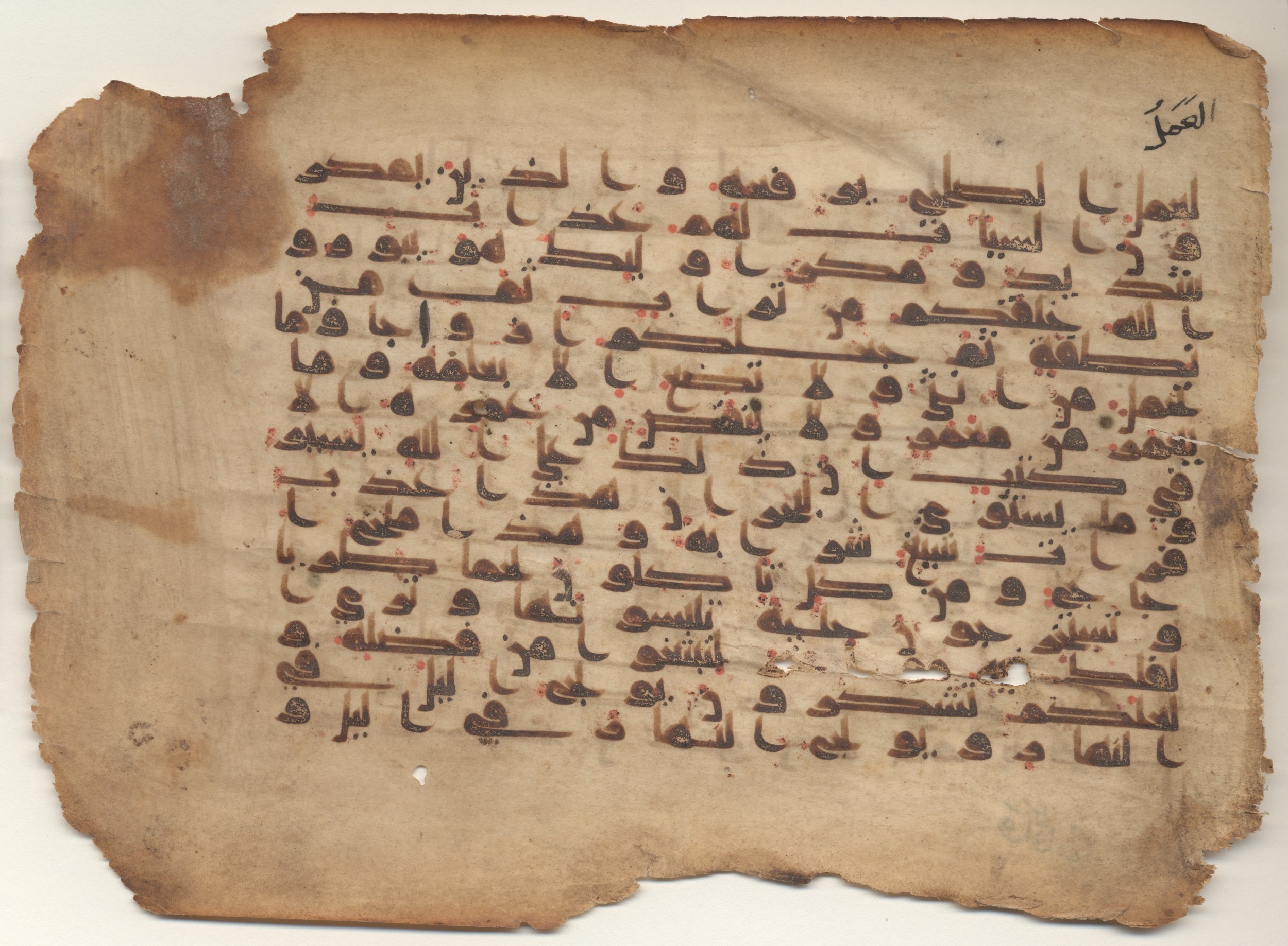 MS Brunensis-Birminghamiensis (BrB), in kūfī D.IV script, showing Surah 35:10 from 9th Century AD found in Middle East, currently housed at Brown University Library, Providence, Rhode Island
