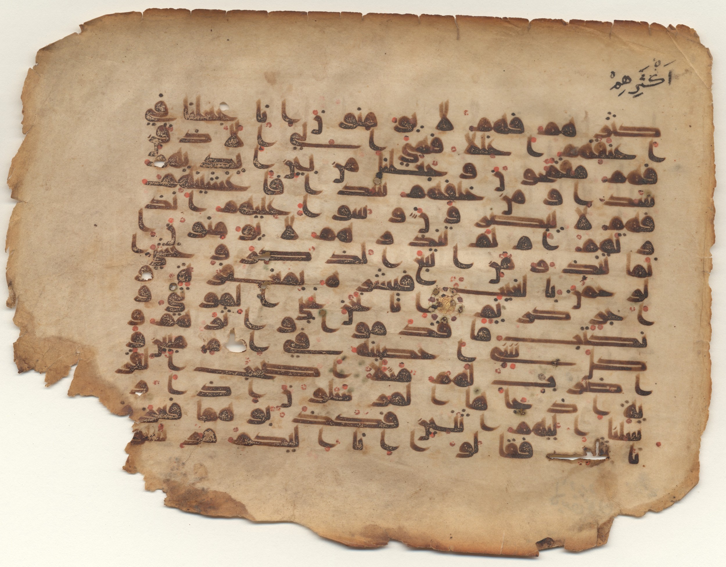 MS Brunensis-Birminghamiensis (BrB), in kūfī D.IV script, showing Surah 36:13 from 9th Century AD found in Middle East, currently housed at Brown University Library, Providence, Rhode Island