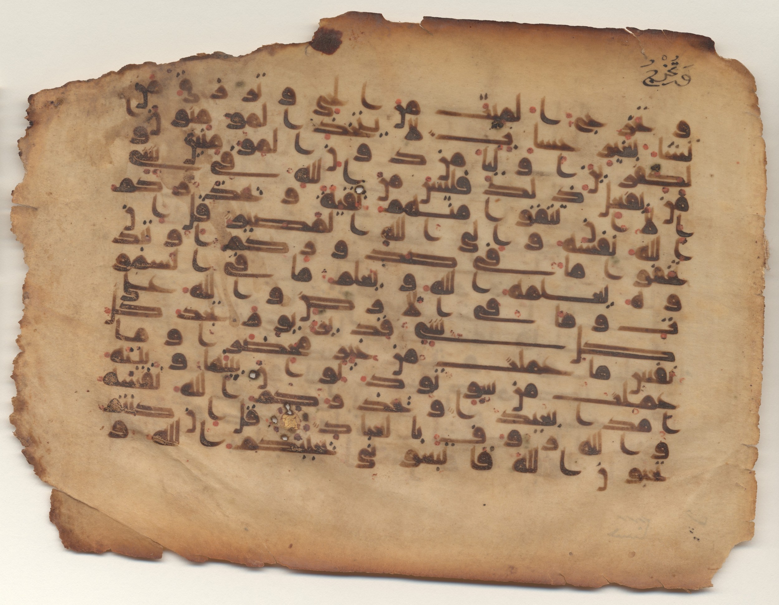 MS Brunensis-Birminghamiensis (BrB), in kūfī D.IV script, showing Surah 3:29 from 9th Century AD found in Middle East, currently housed at Brown University Library, Providence, Rhode Island