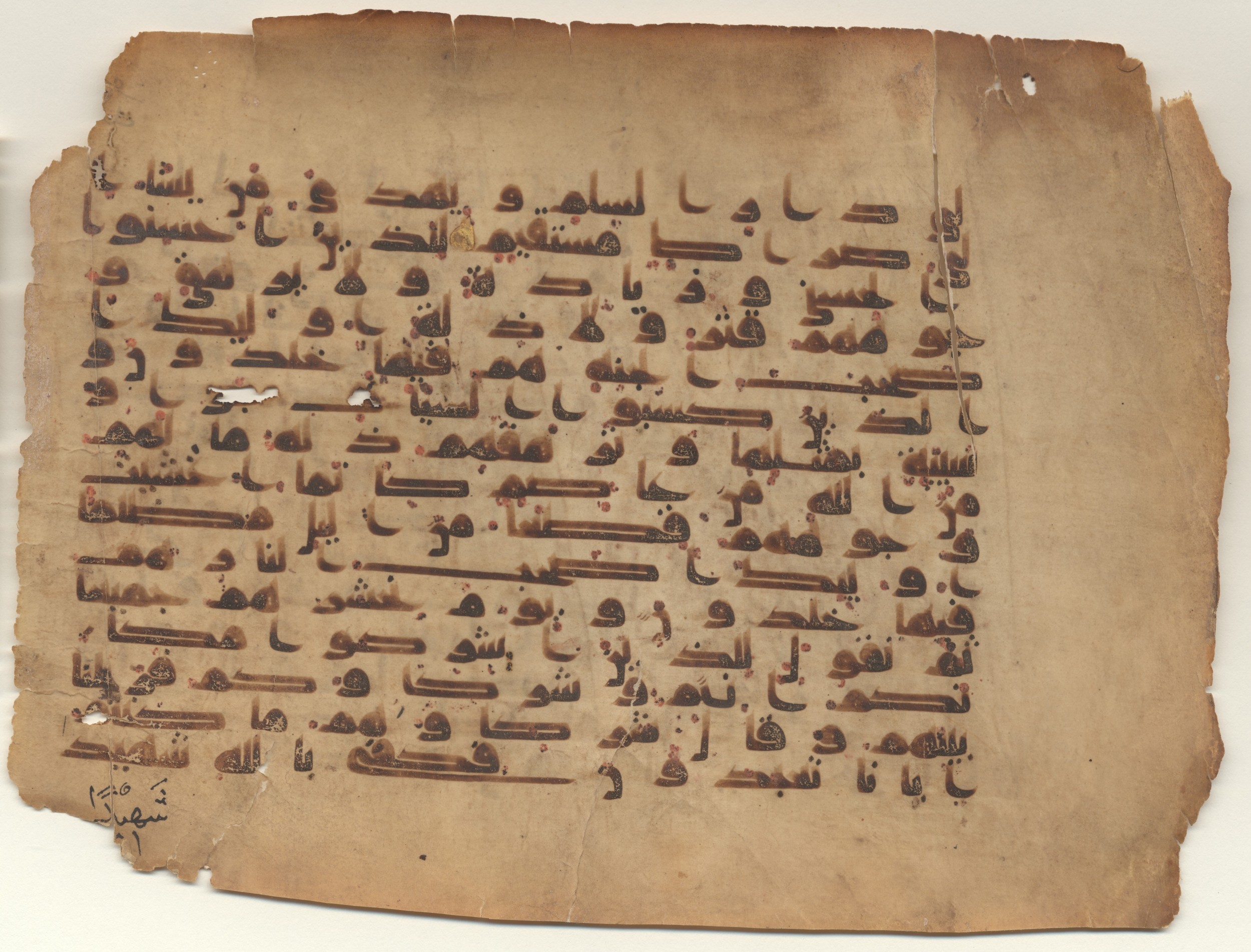MS Brunensis-Birminghamiensis (BrB) (Scan 2), in kūfī D.IV script, showing Surah 10:25 from 9th Century AD found in Middle East, currently housed at Brown University Library, Providence, Rhode Island