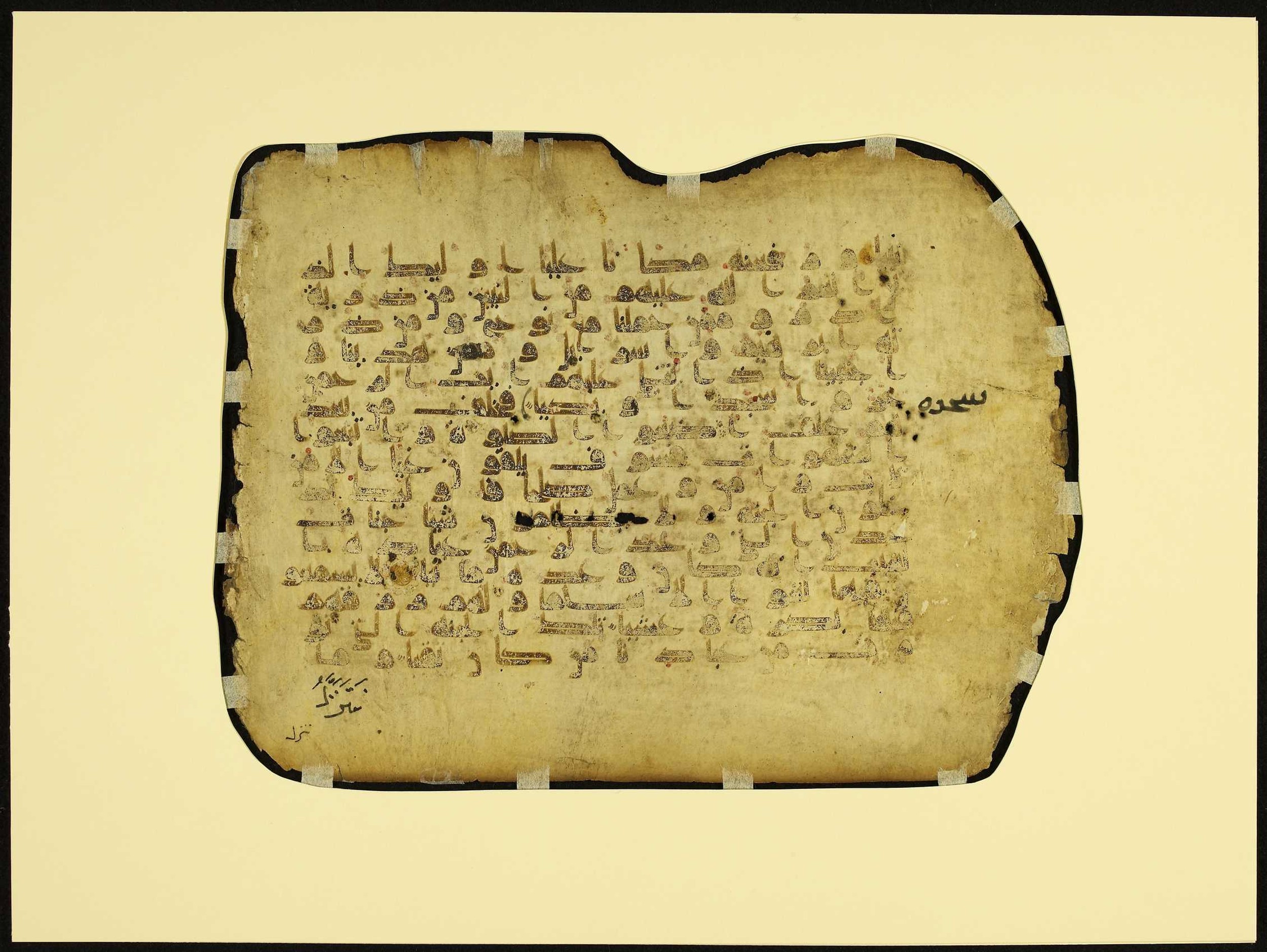 MS Brunensis-Birminghamiensis (BrB), in kūfī D.IV script, showing Surah 19:63 from 9th Century AD found in Middle East, currently housed at Brown University Library, Providence, Rhode Island