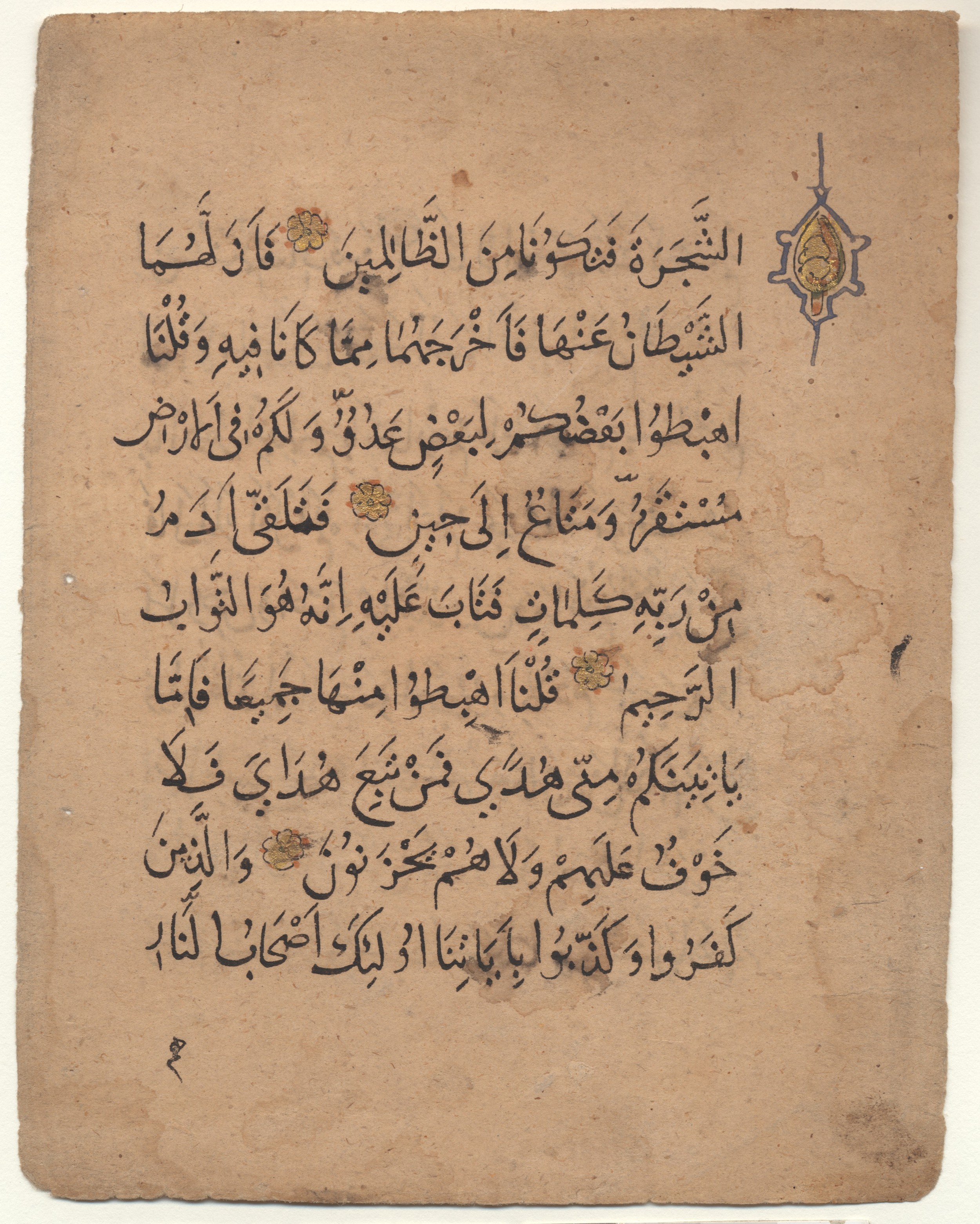 Brown University Library 6213, in ṯuluṯ script, showing Surah 2:38 from 12th to 15th Century AD found in Unknown, currently housed at Brown University Library, Providence, Rhode Island