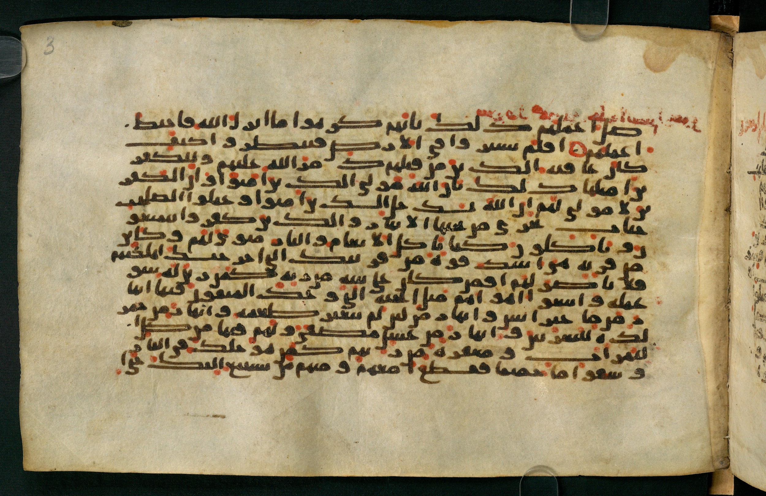 Tübingen, Universitätsbibliothek Tübingen, Ma VI 155, in kūfī E.I script, showing Surah 47:13 from 8th Century AD found in Damascus, currently housed at Universitätsbibliothek Tübingen, Tübingen, Germany