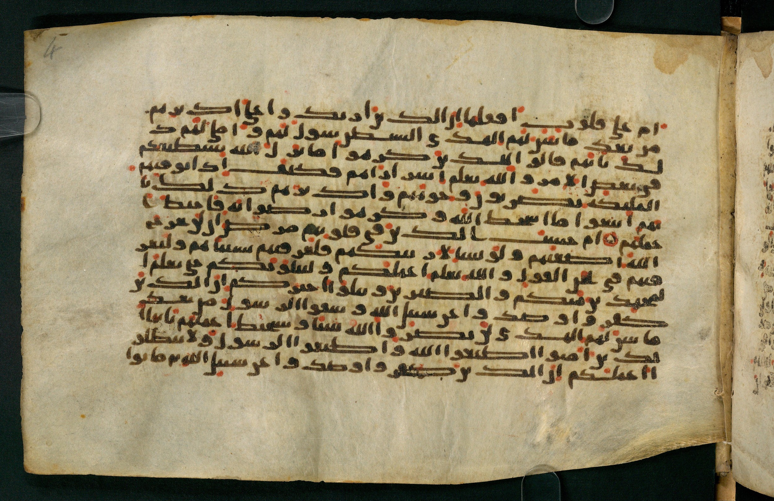 Tübingen, Universitätsbibliothek Tübingen, Ma VI 155, in kūfī E.I script, showing Surah 47:32 from 8th Century AD found in Damascus, currently housed at Universitätsbibliothek Tübingen, Tübingen, Germany