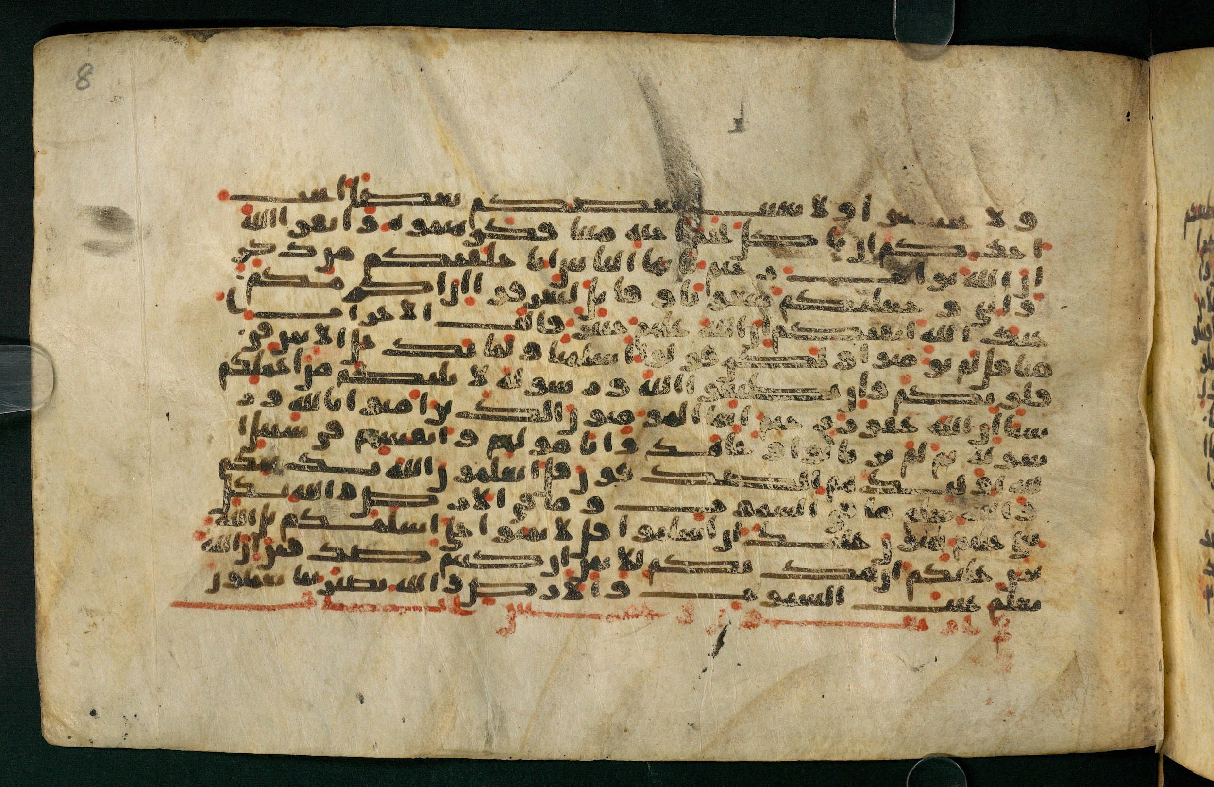 Tübingen, Universitätsbibliothek Tübingen, Ma VI 155, in kūfī E.I script, showing Surah 49:18 from 8th Century AD found in Damascus, currently housed at Universitätsbibliothek Tübingen, Tübingen, Germany