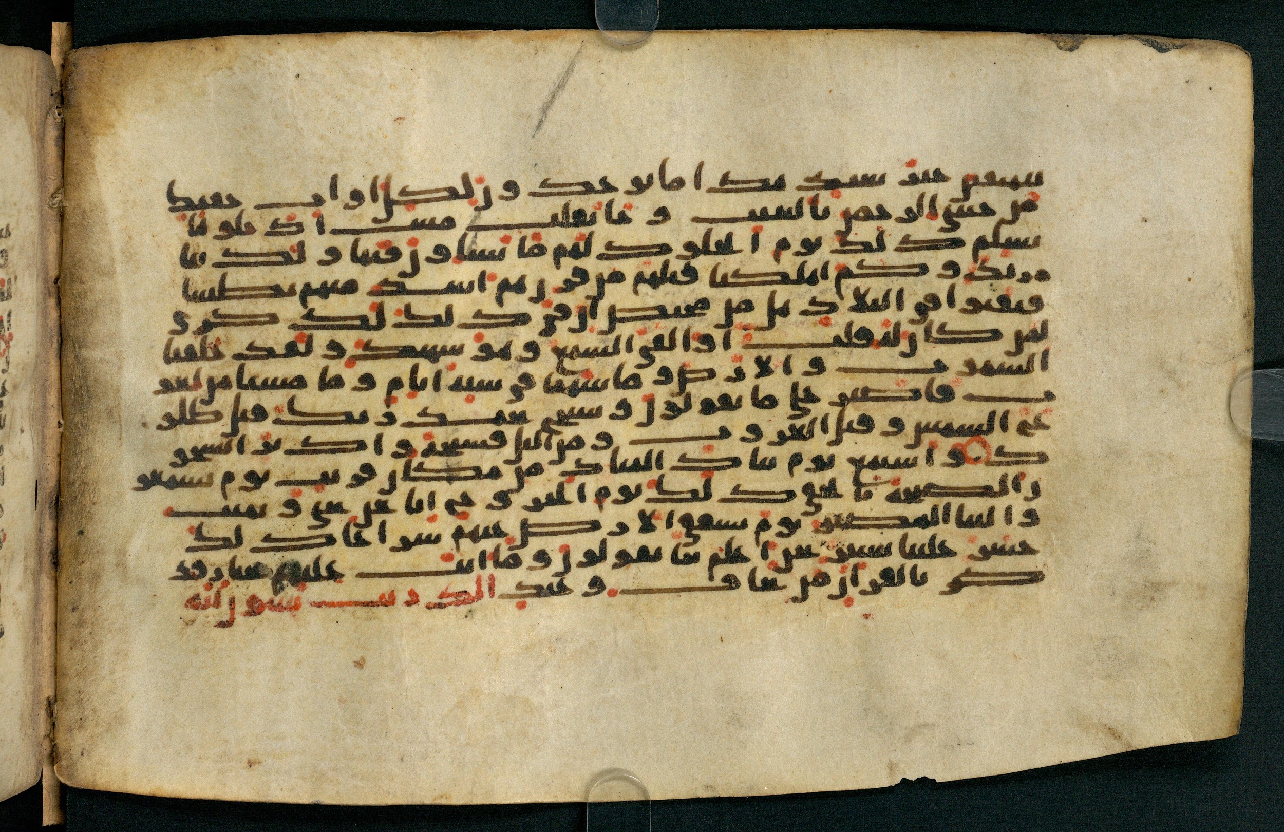 Tübingen, Universitätsbibliothek Tübingen, Ma VI 155, in kūfī E.I script, showing Surah 50:39 from 8th Century AD found in Damascus, currently housed at Universitätsbibliothek Tübingen, Tübingen, Germany