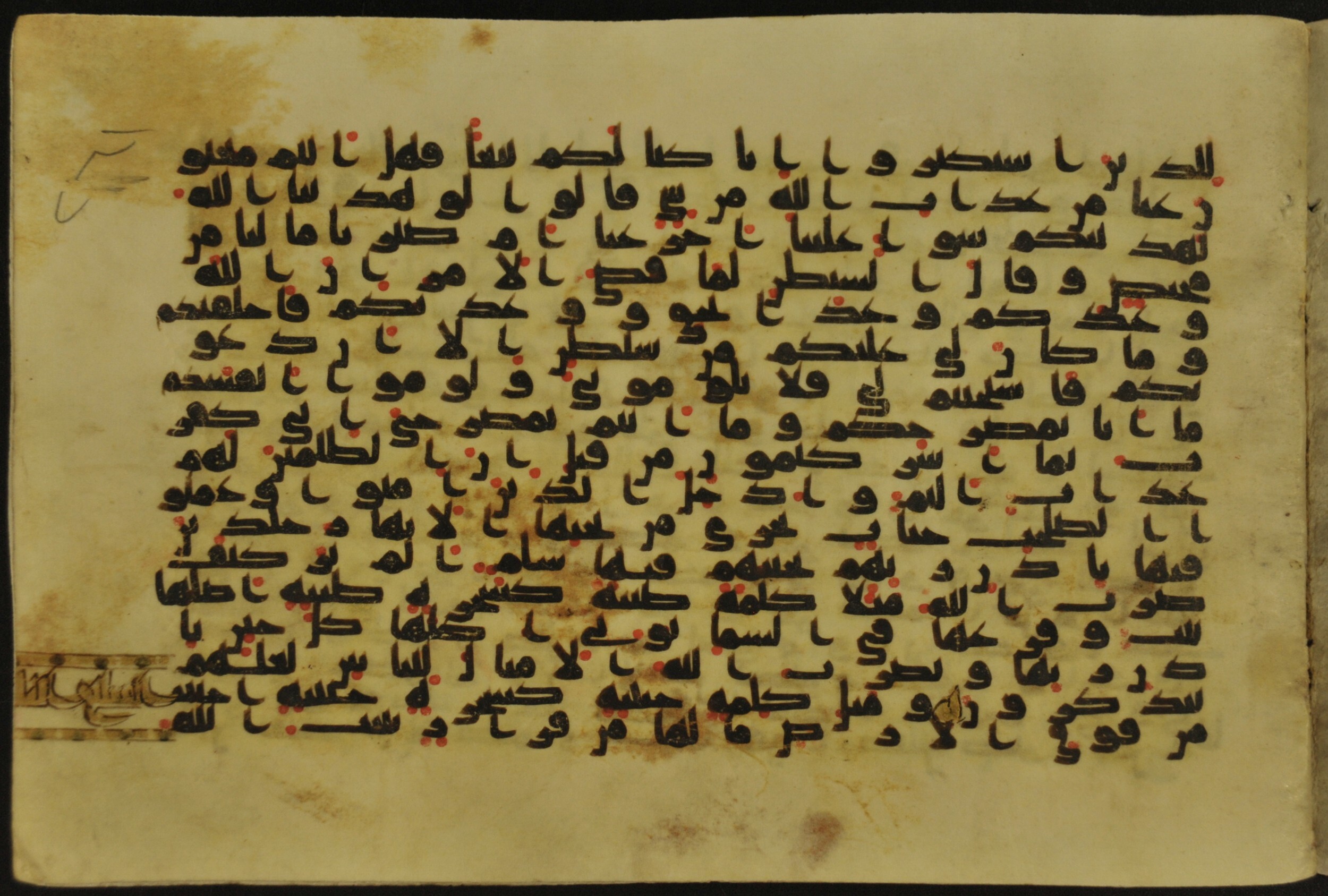 Muṣḥaf of Najaf Ashraf (Codex 1 of Imām ʿAlī Library) (Scan 2), in kūfī B.II, D.IV, and post-classical kūfī script, showing Surah 14:21 from Mid 7th to Mid 9th Century AD found in Unknown, currently housed at Imām ʿAlī Library (المكتبة الروضة الحيدرية), Najaf, Iraq
